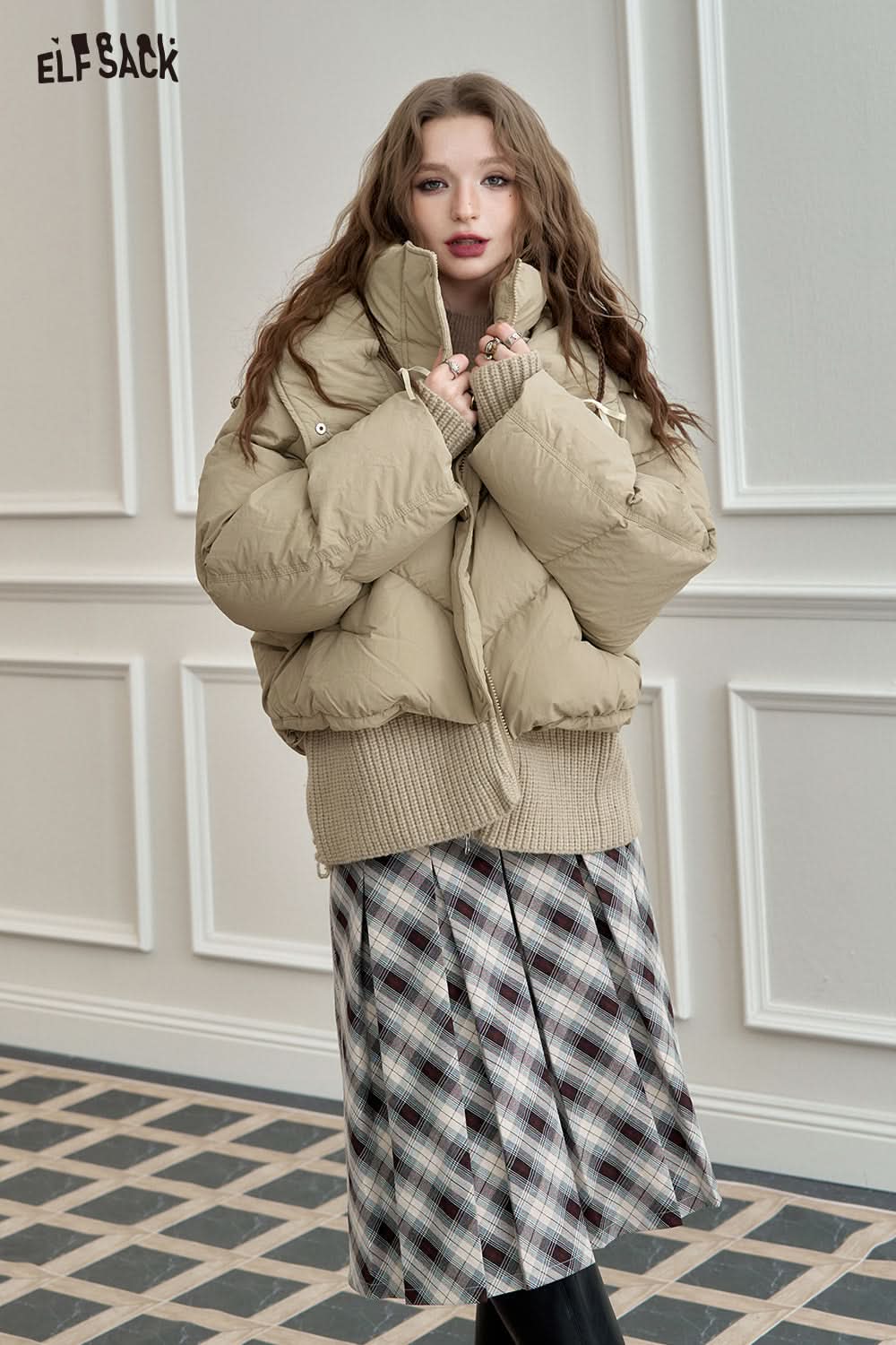 ELFSACK Knit Spliced Hooded Down Jacket Short Puffer Coat for Petite Figures