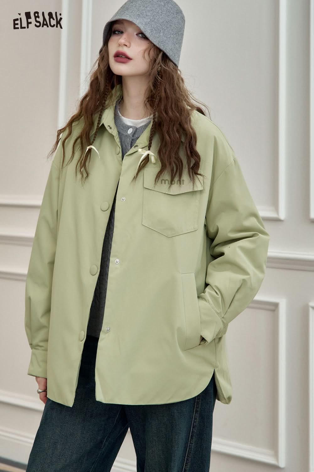 ELFSACK Lightweight Shirt-Style Down Jacket White Duck Down Casual Coat with Stylish Design