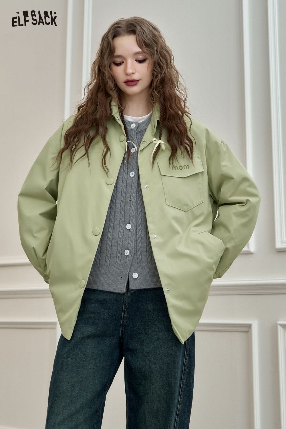 ELFSACK Lightweight Shirt-Style Down Jacket White Duck Down Casual Coat with Stylish Design
