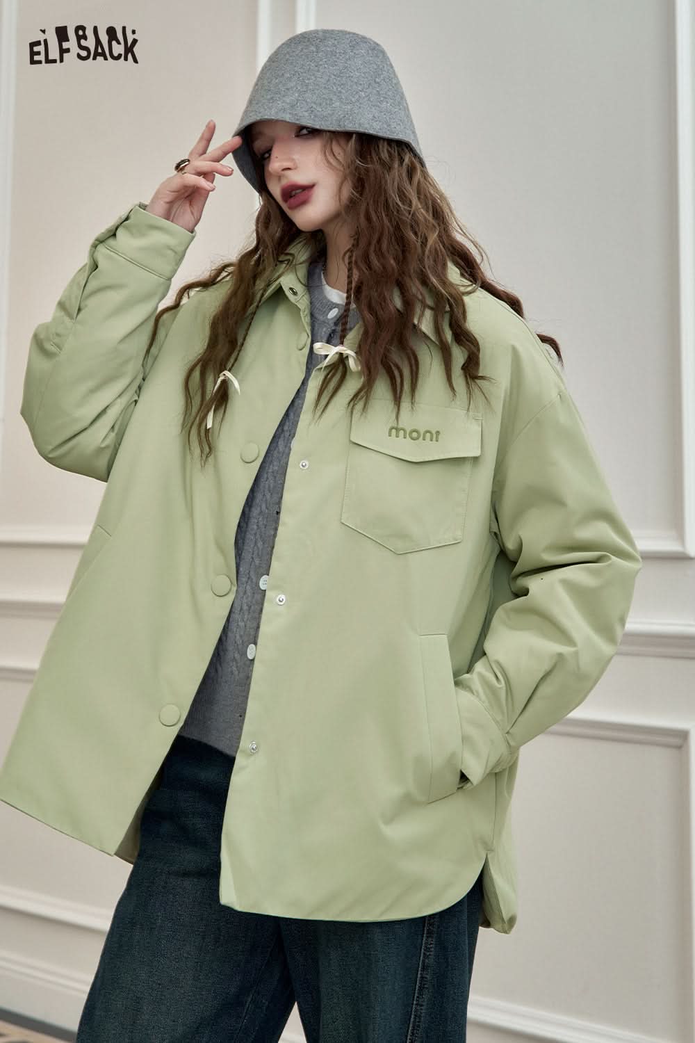 ELFSACK Lightweight Shirt-Style Down Jacket White Duck Down Casual Coat with Stylish Design
