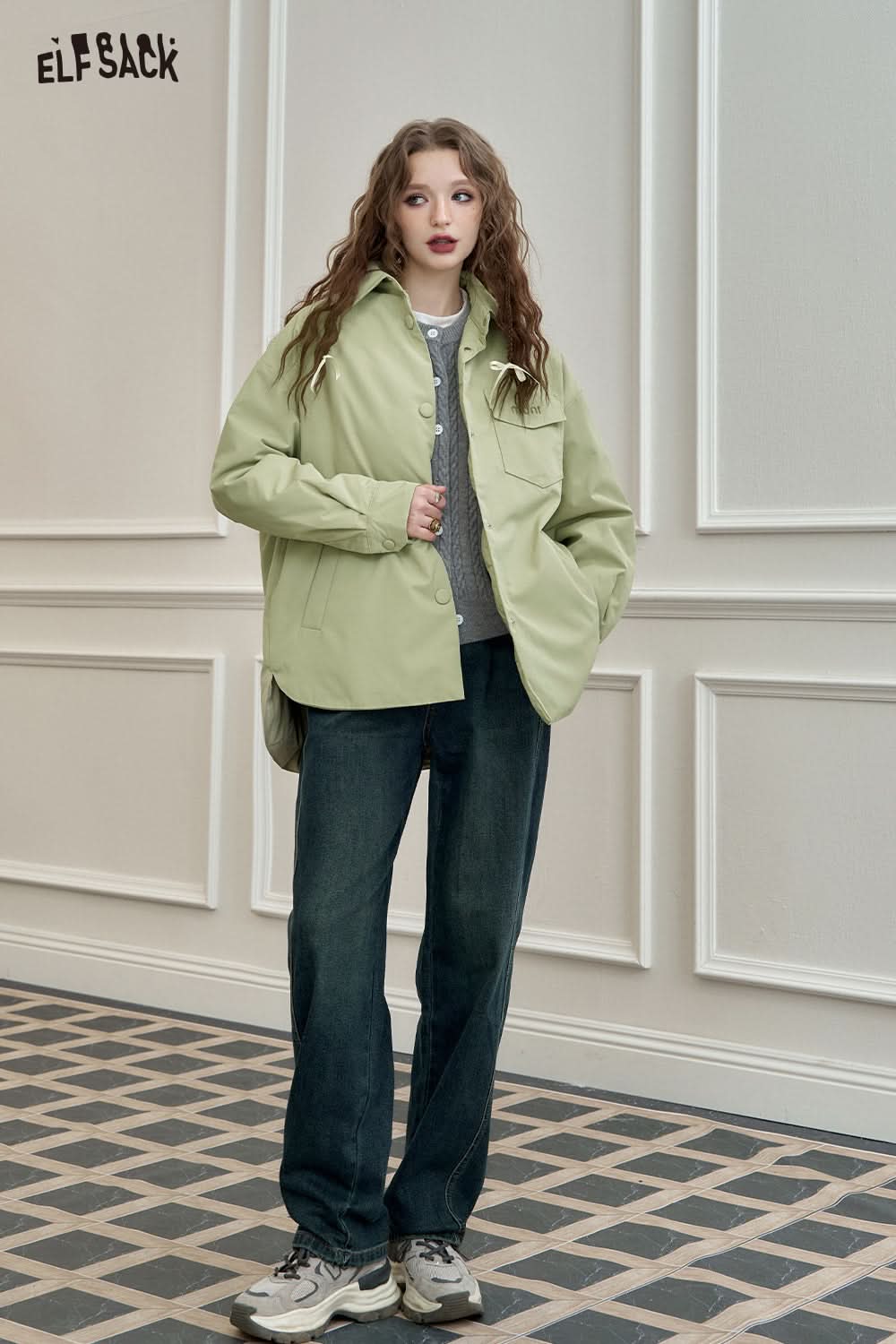 ELFSACK Lightweight Shirt-Style Down Jacket White Duck Down Casual Coat with Stylish Design