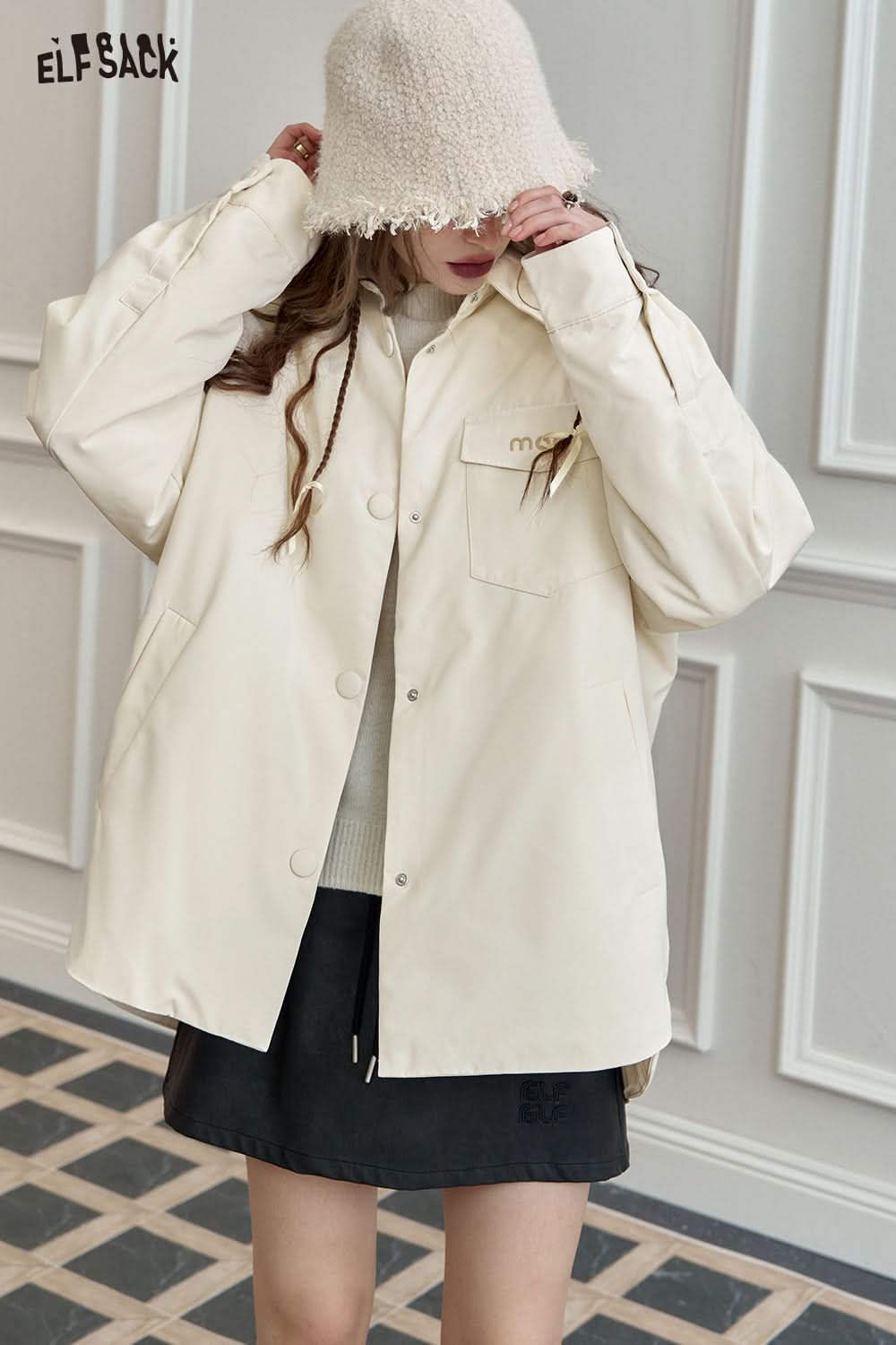 ELFSACK Lightweight Shirt-Style Down Jacket White Duck Down Casual Coat with Stylish Design