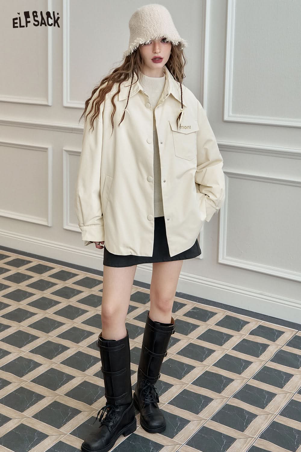 ELFSACK Lightweight Shirt-Style Down Jacket White Duck Down Casual Coat with Stylish Design
