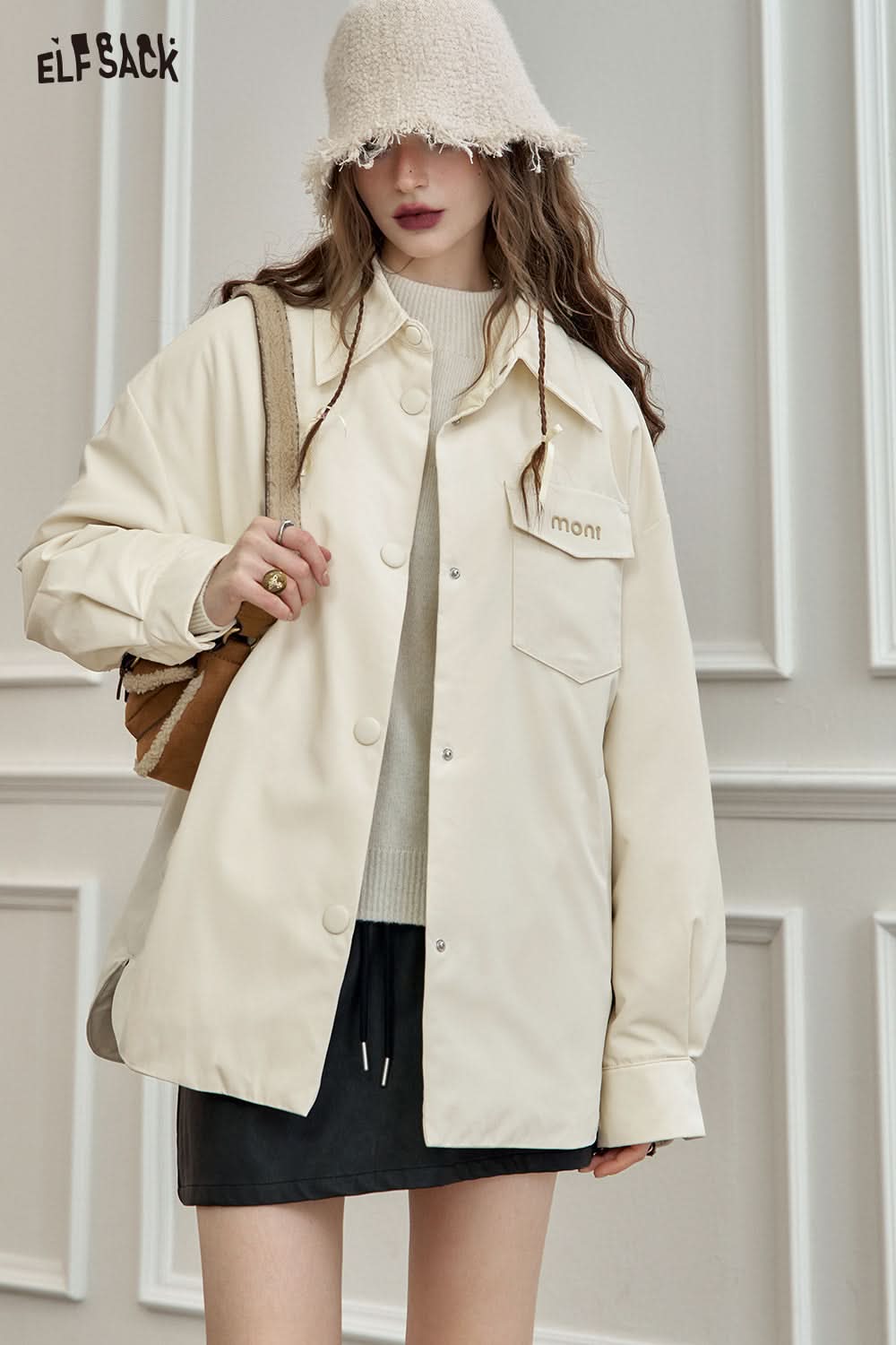 ELFSACK Lightweight Shirt-Style Down Jacket White Duck Down Casual Coat with Stylish Design