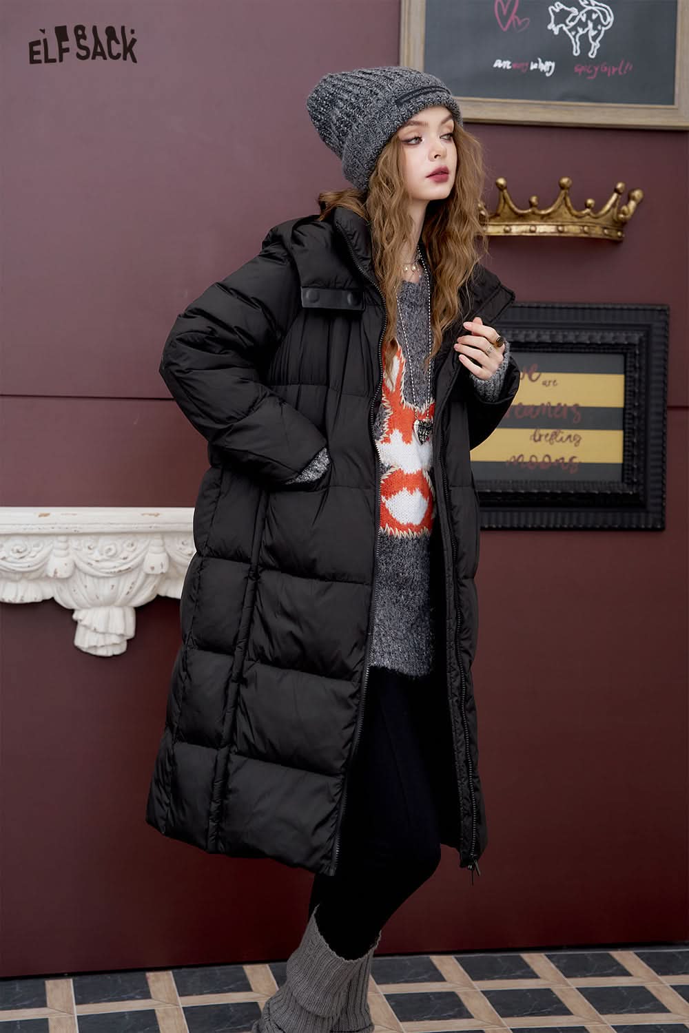 ELFSACK Simple hooded long down jacket loose straight thick warm coat