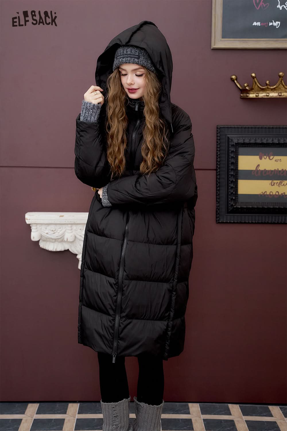 ELFSACK Simple hooded long down jacket loose straight thick warm coat