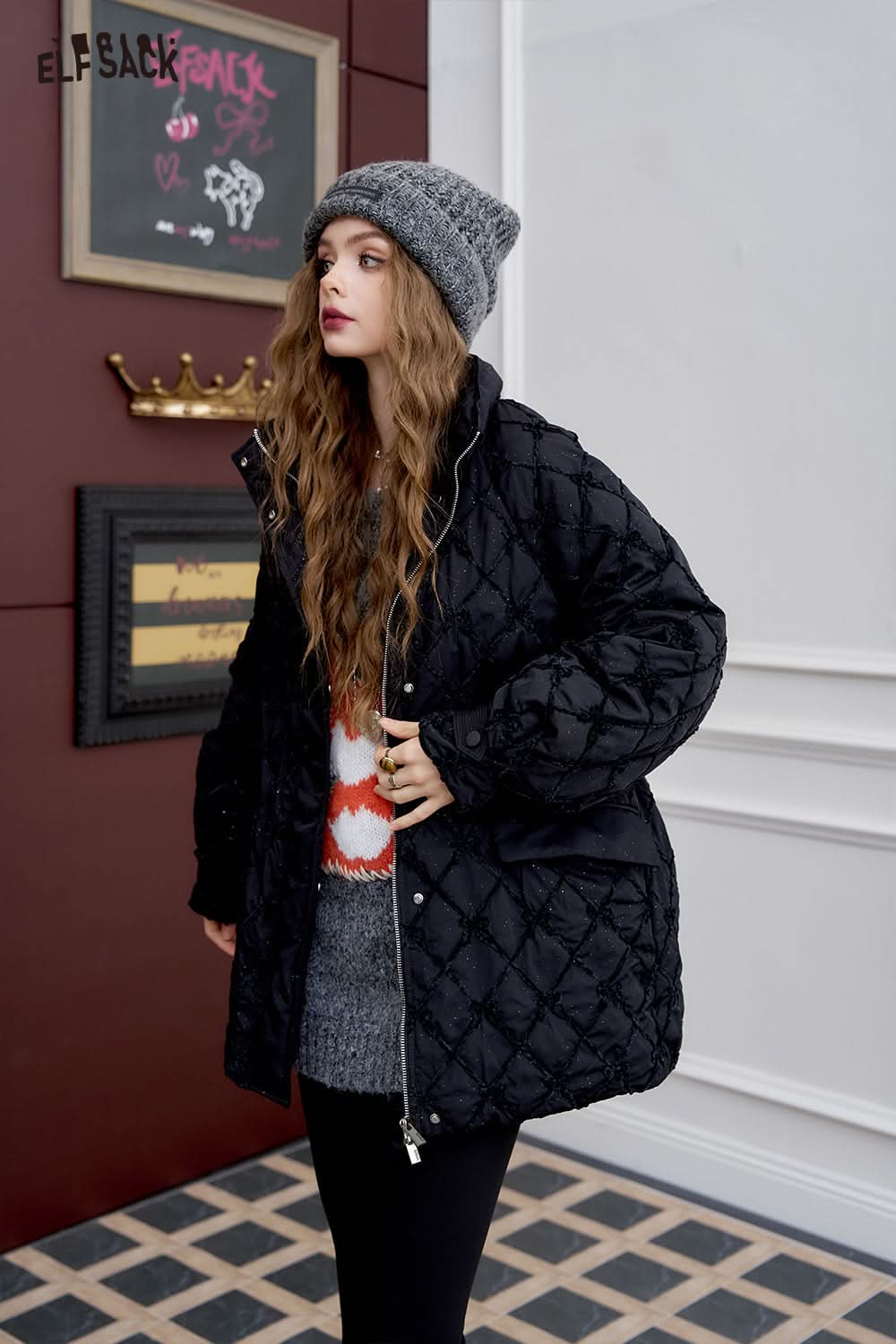 ELFSACK Bowknot diamond pattern stand collar waist down jacket women fashion stand collar glitter woven fabric warm jacket