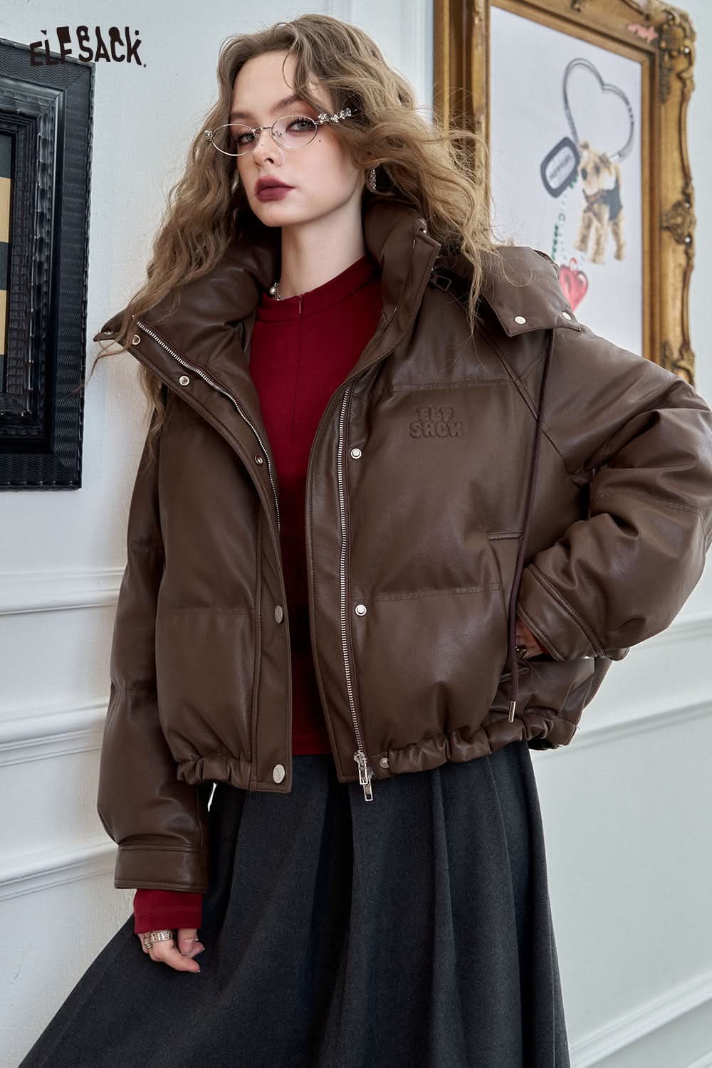 ELFSACK Maillard PU leather hooded down jacket, short style, raglan sleeves, warm coat