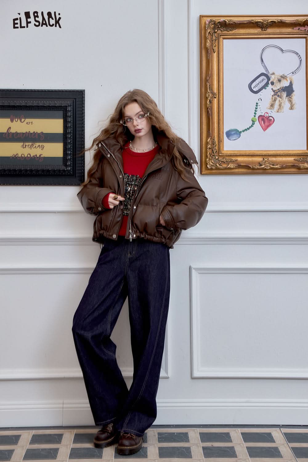 ELFSACK Maillard PU leather hooded down jacket, short style, raglan sleeves, warm coat