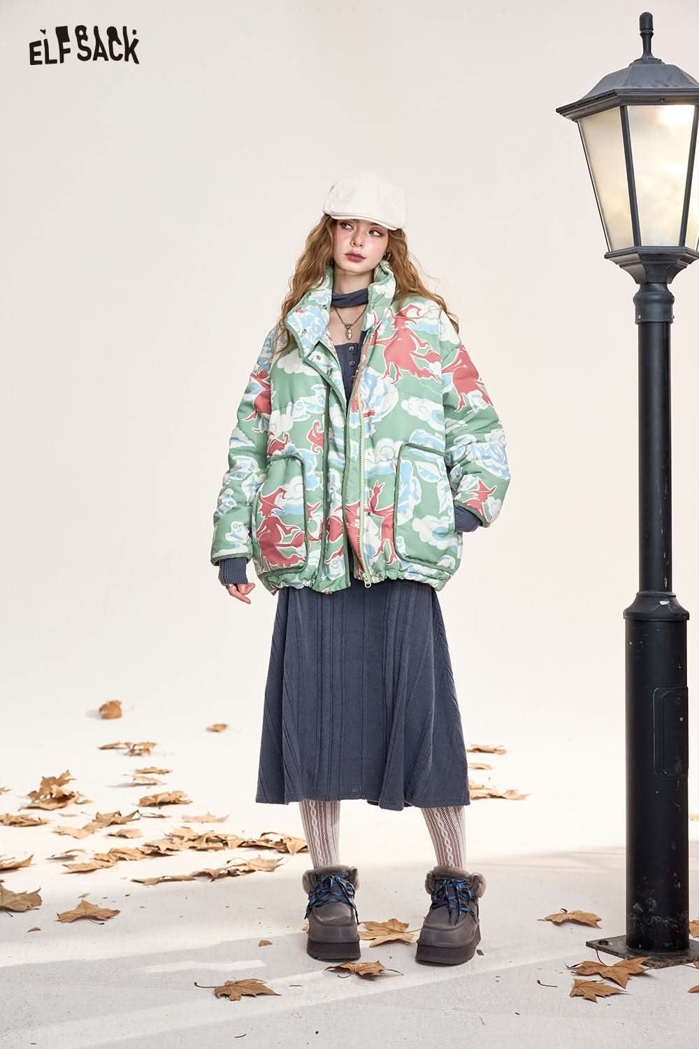 ELFSACK Fashionable and trendy witch full print short down jacket