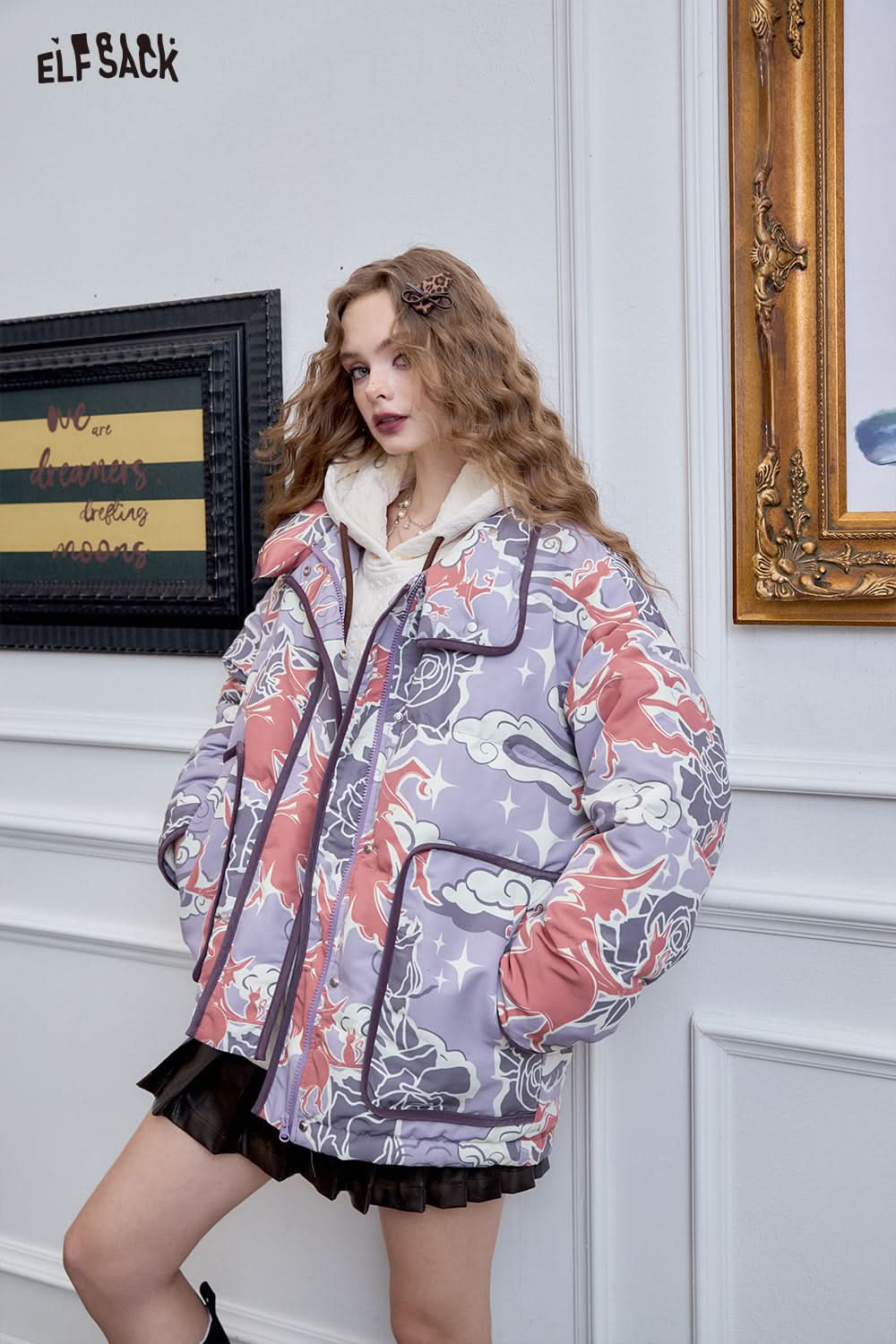 ELFSACK Fashionable and trendy witch full print short down jacket
