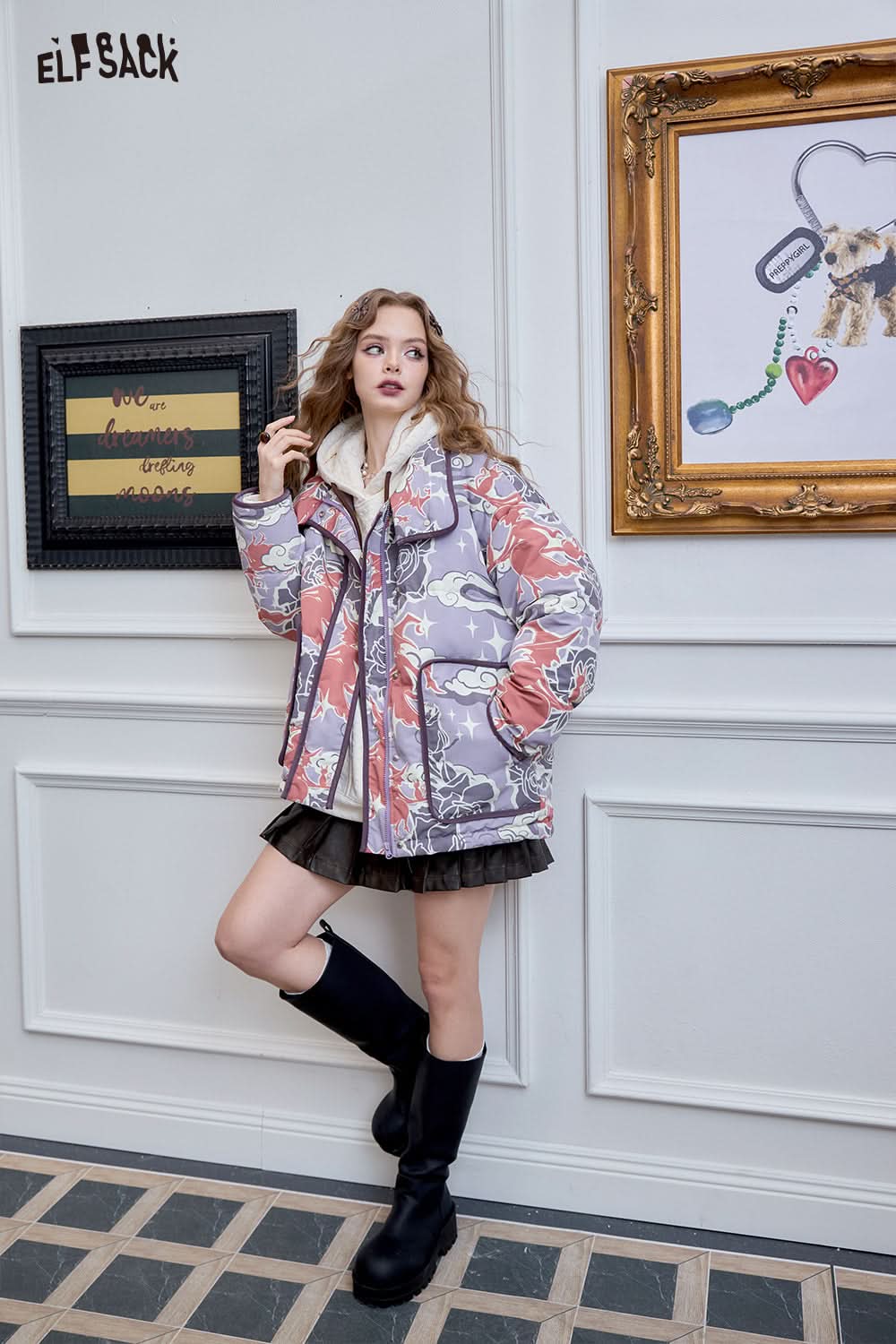 ELFSACK Fashionable and trendy witch full print short down jacket