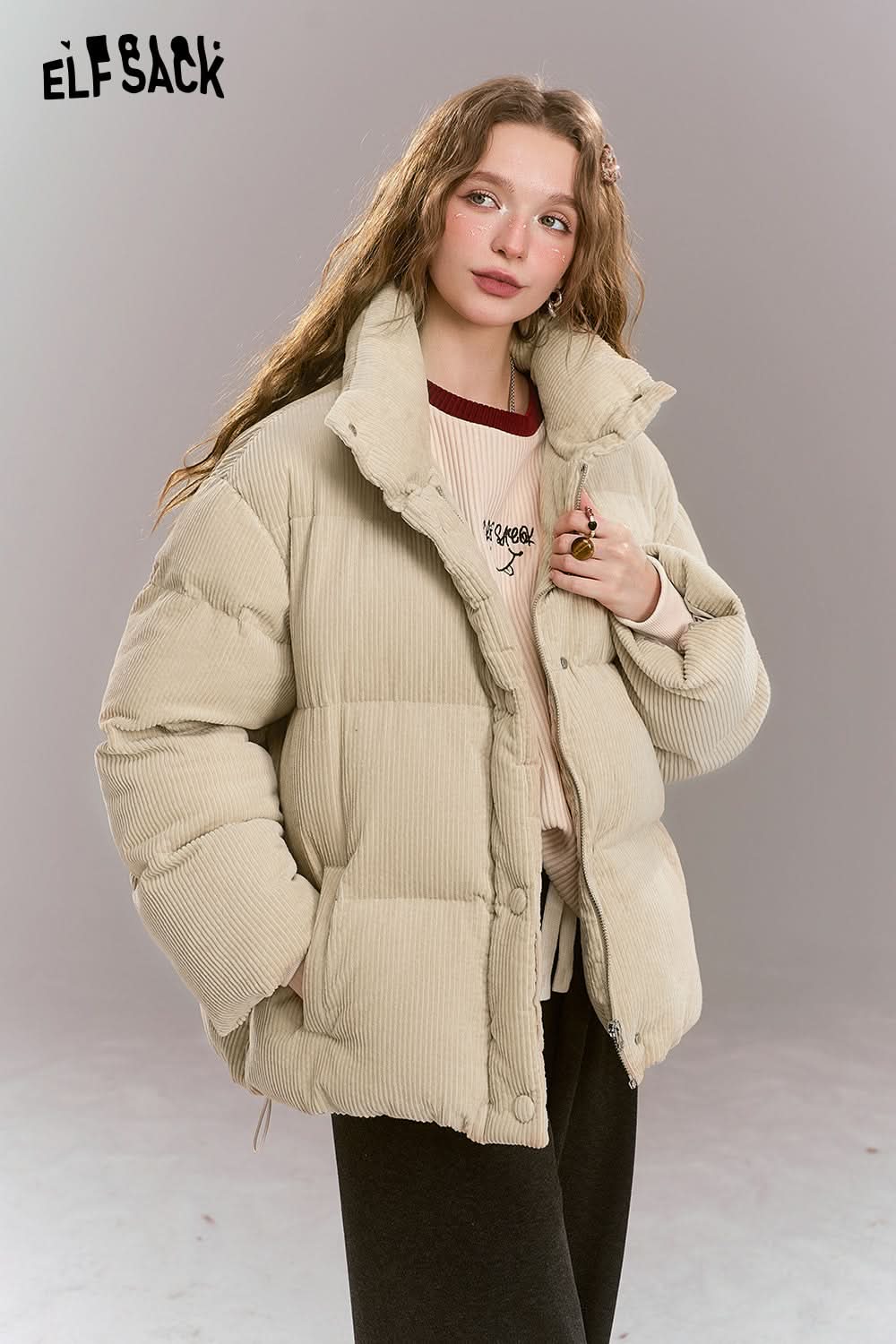 ELFSACK Retro casual short down jacket, stand-up collar, dropped shoulders, corduroy, thick and warm