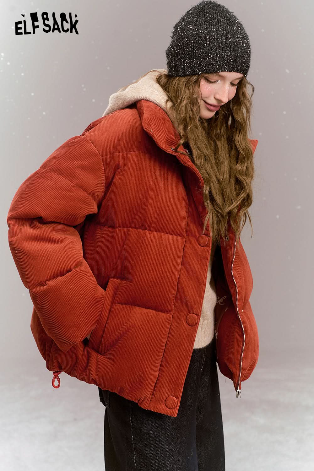 ELFSACK Retro casual short down jacket, stand-up collar, dropped shoulders, corduroy, thick and warm