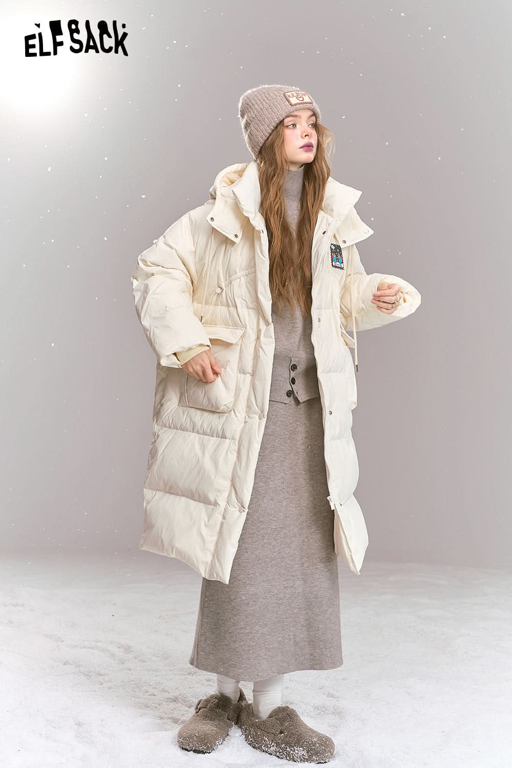 ELFSACK Women's mid-length hooded down jacket cartoon fox patch, thick warm coat