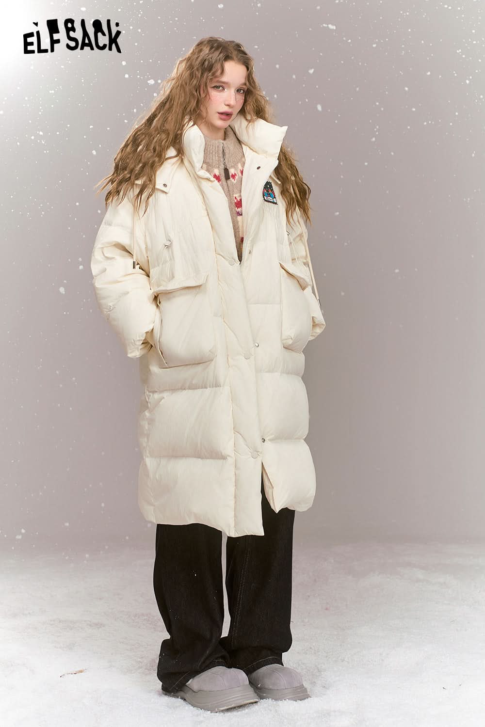 ELFSACK Women's mid-length hooded down jacket cartoon fox patch, thick warm coat