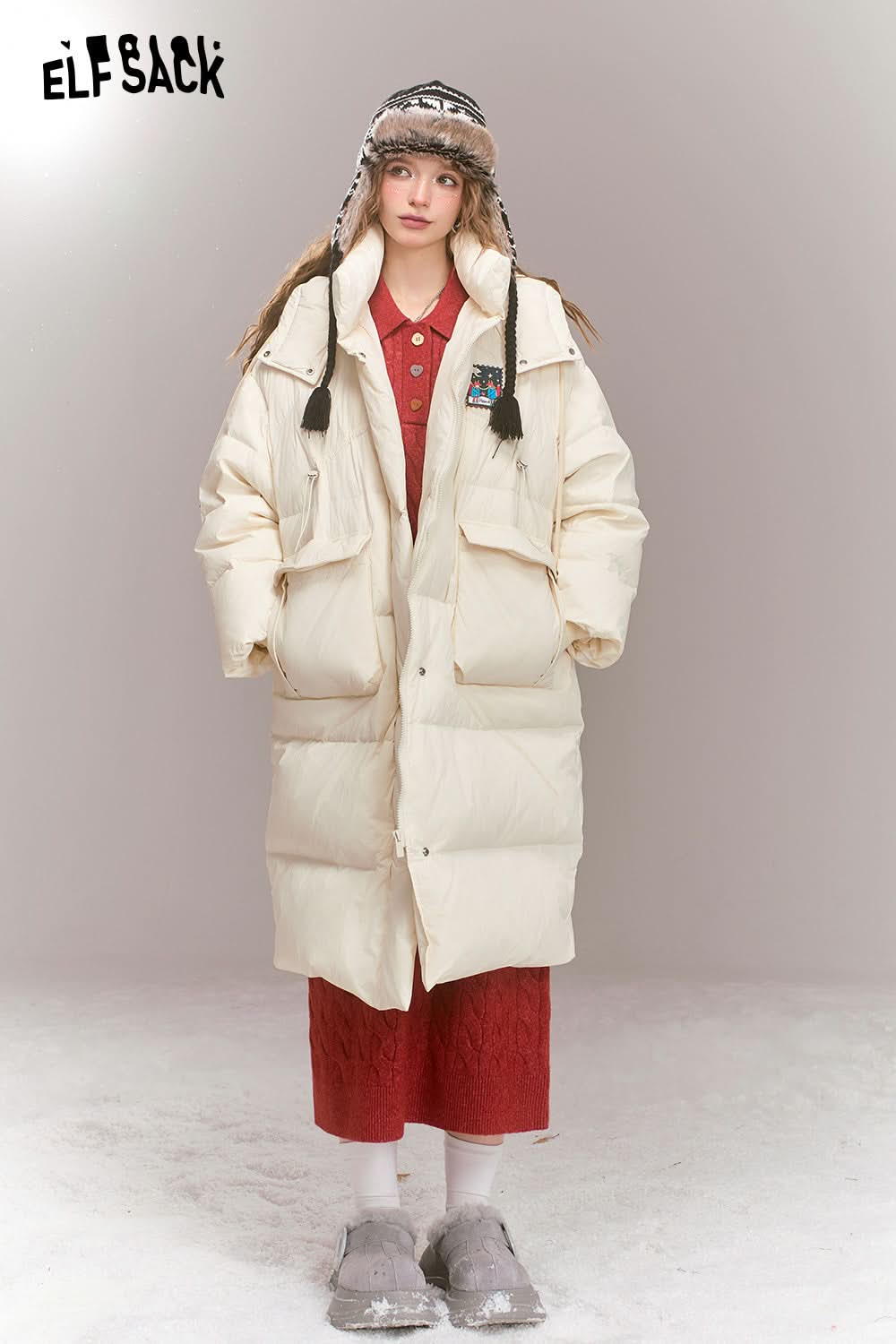 ELFSACK Women's mid-length hooded down jacket cartoon fox patch, thick warm coat