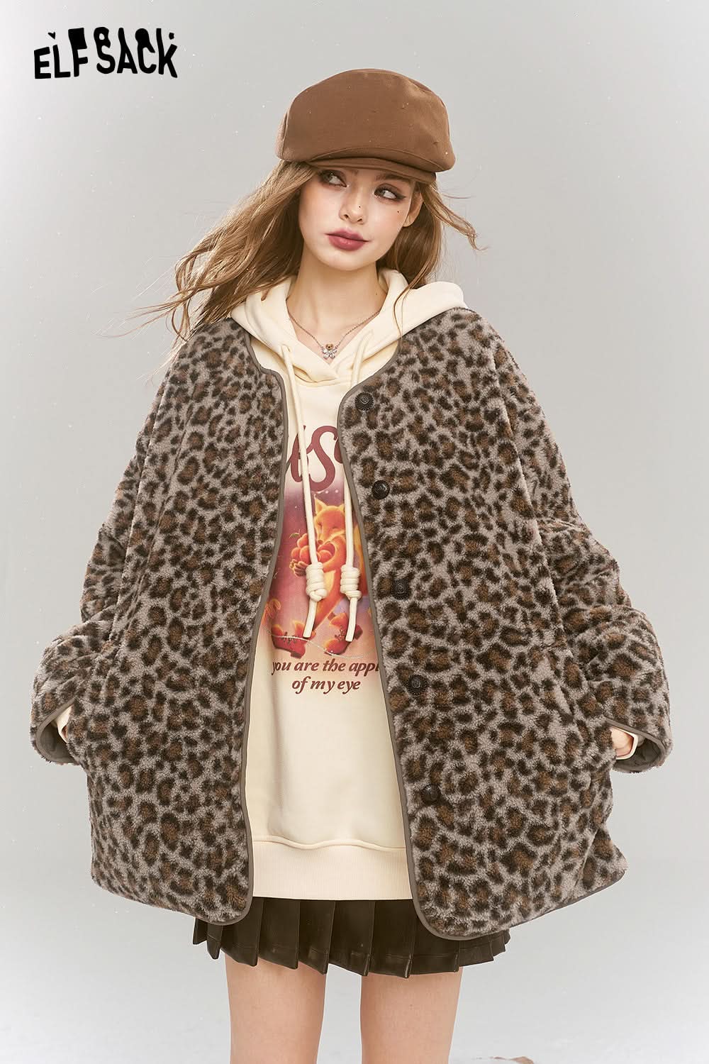 ELFSACK Reversible Brown Leopard Print Plush Thickened Coat