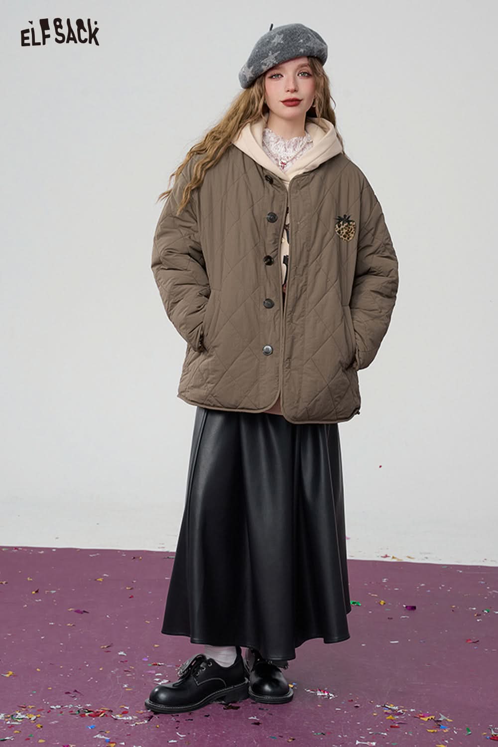 ELFSACK Reversible Brown Leopard Print Plush Thickened Coat