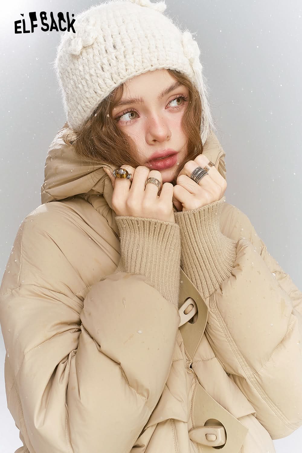 ELFSACK Casual loose medium hooded warm down jacket, with threaded cuffs and cow horn buttons