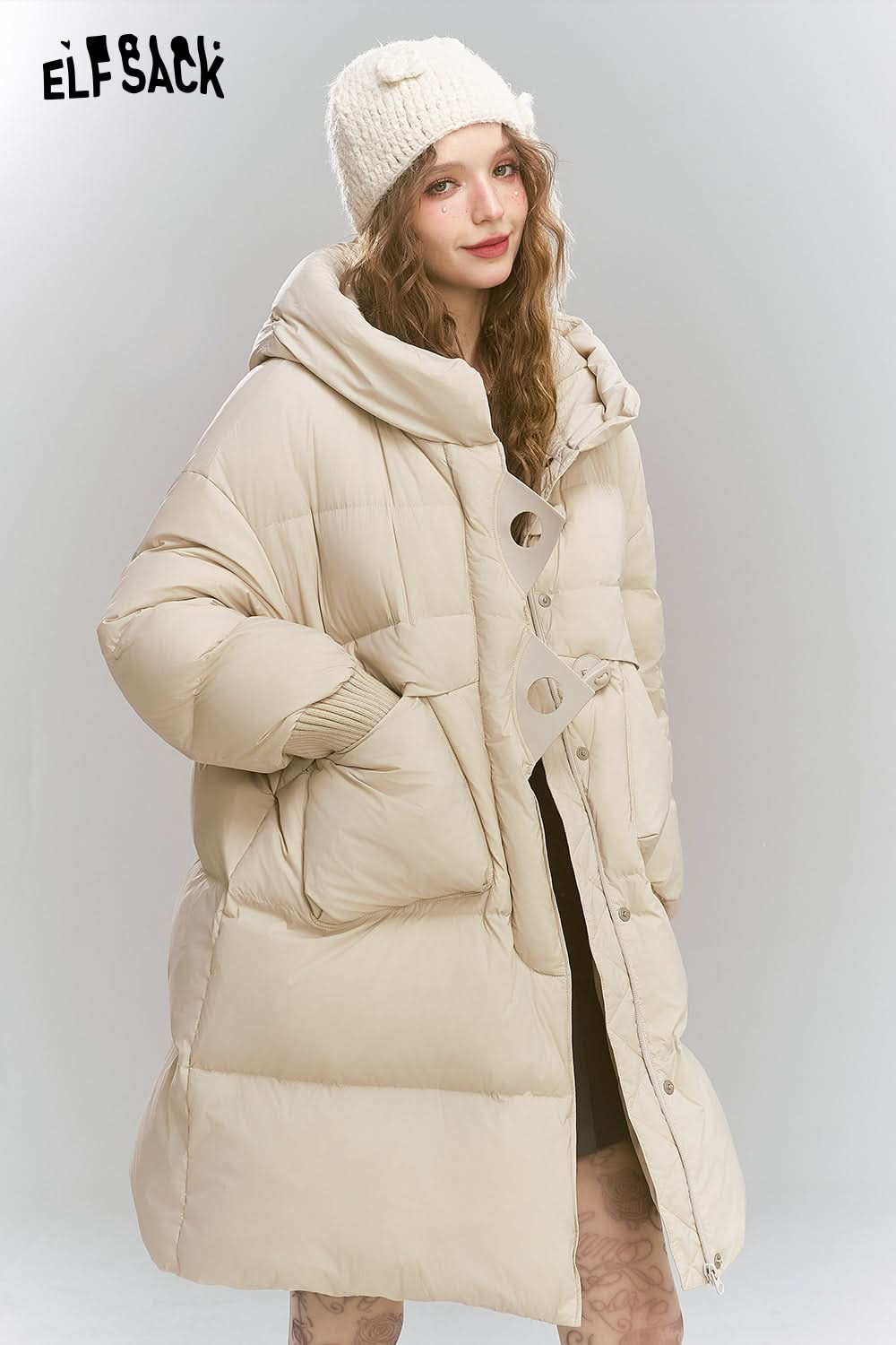 ELFSACK Casual loose medium hooded warm down jacket, with threaded cuffs and cow horn buttons