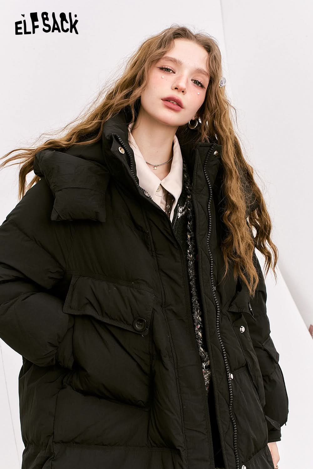 ELFSACK Simplicity casual loose mid-length hooded warm down jacket