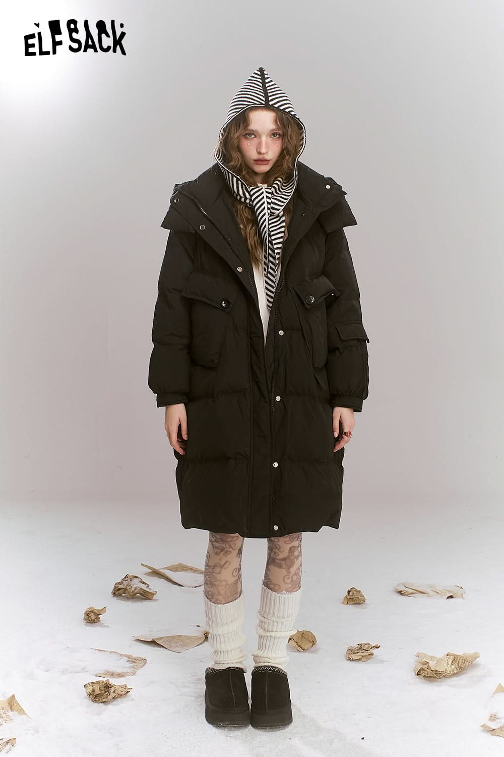ELFSACK Simplicity casual loose mid-length hooded warm down jacket