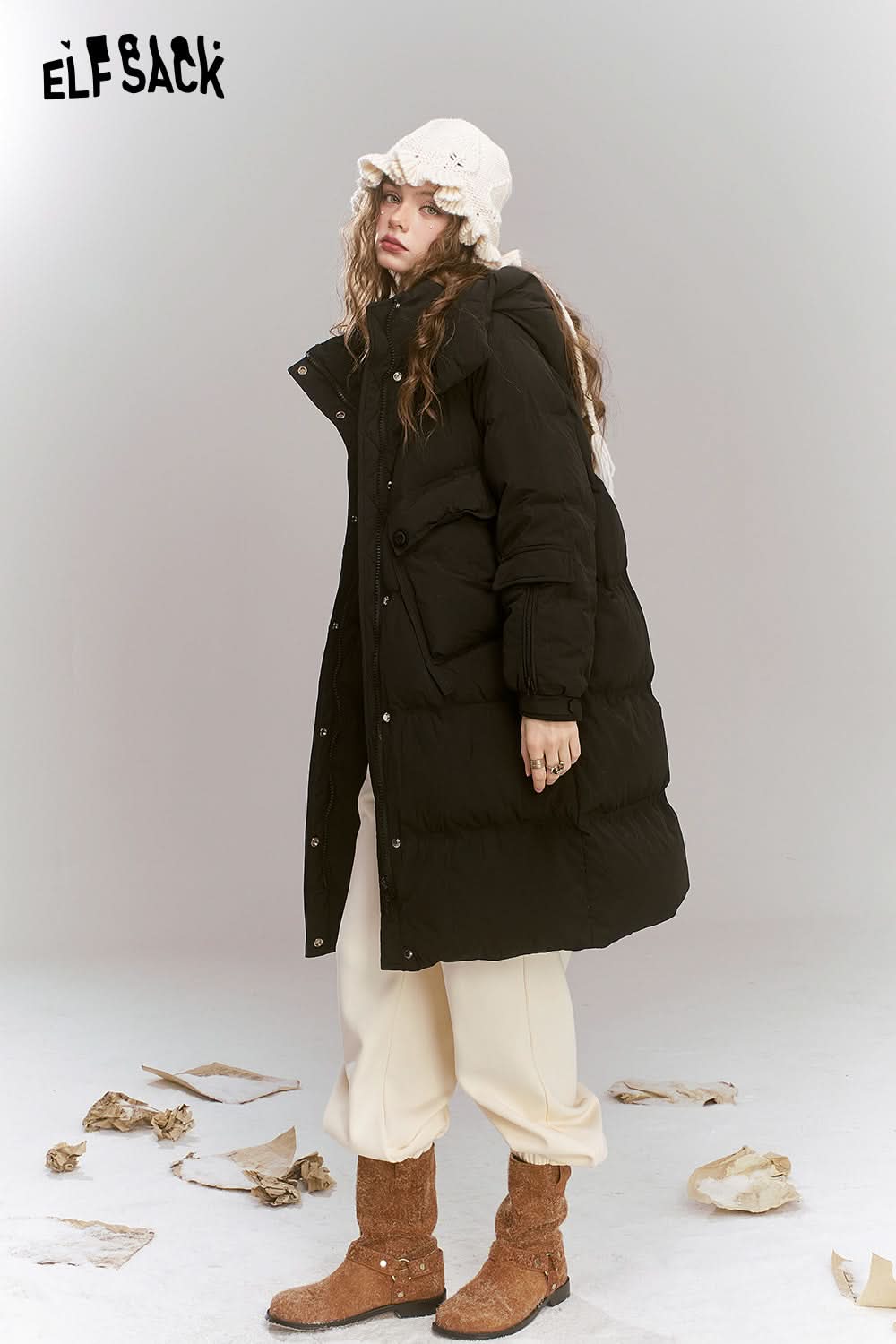 ELFSACK Simplicity casual loose mid-length hooded warm down jacket