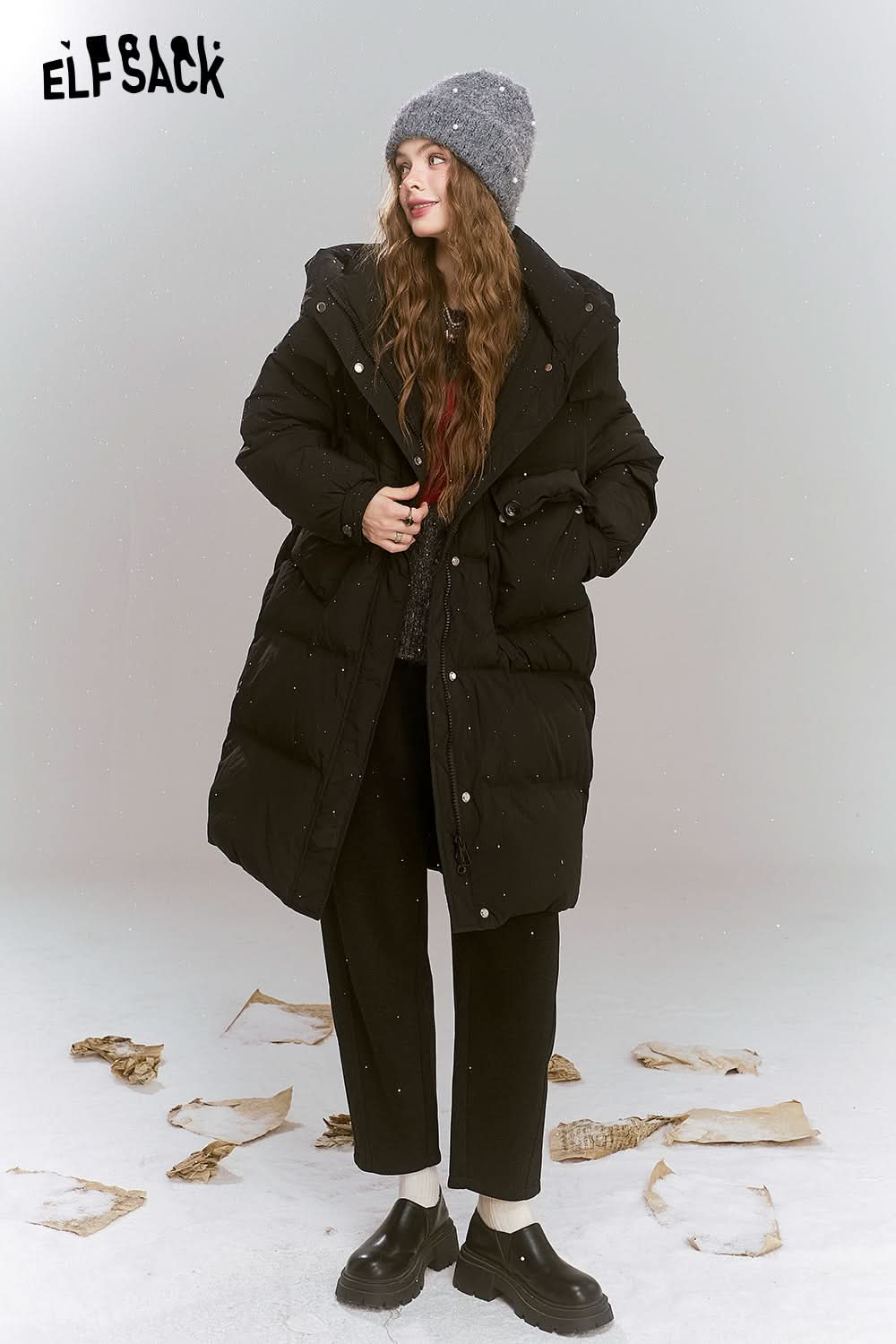 ELFSACK Simplicity casual loose mid-length hooded warm down jacket