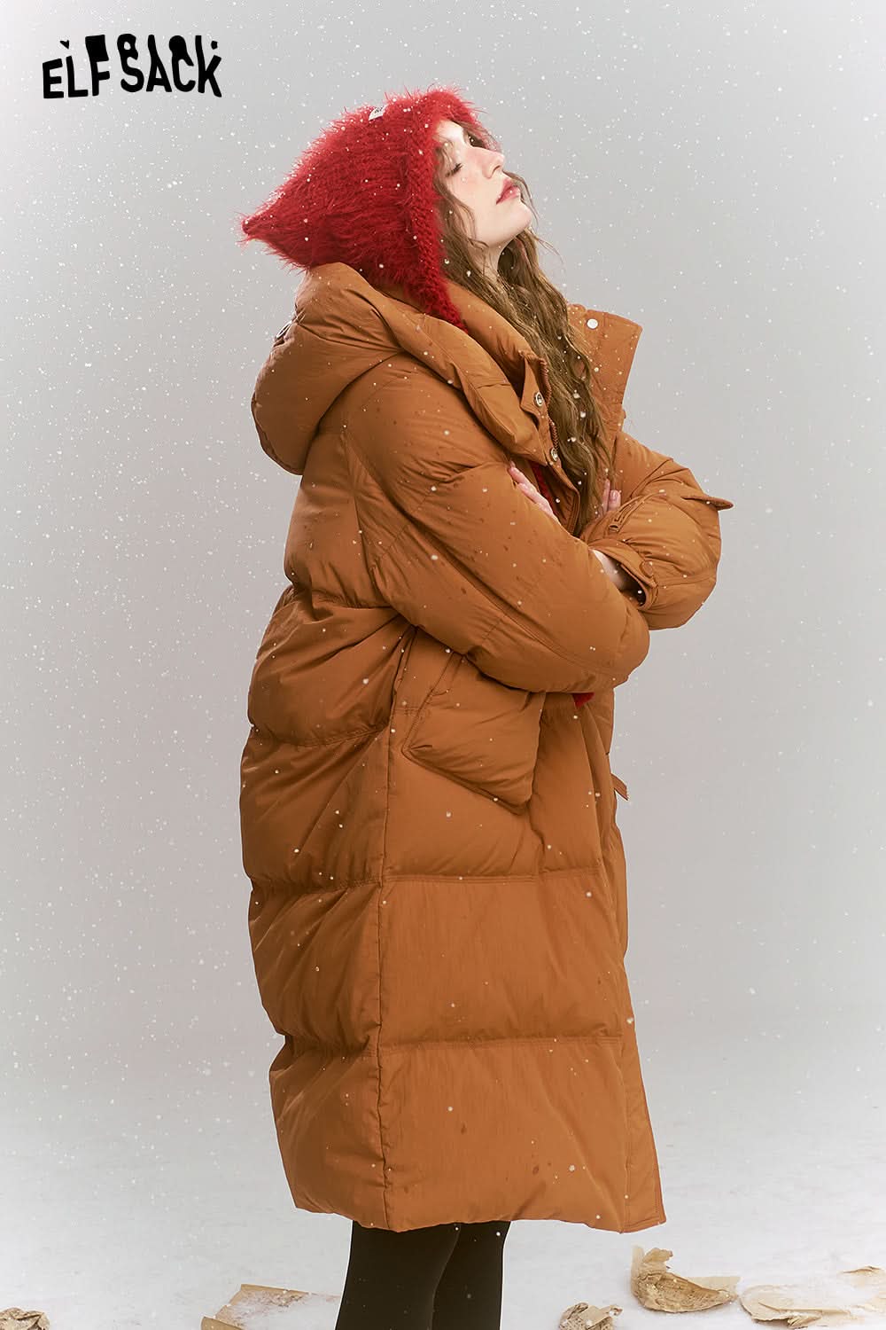 ELFSACK Simplicity casual loose mid-length hooded warm down jacket