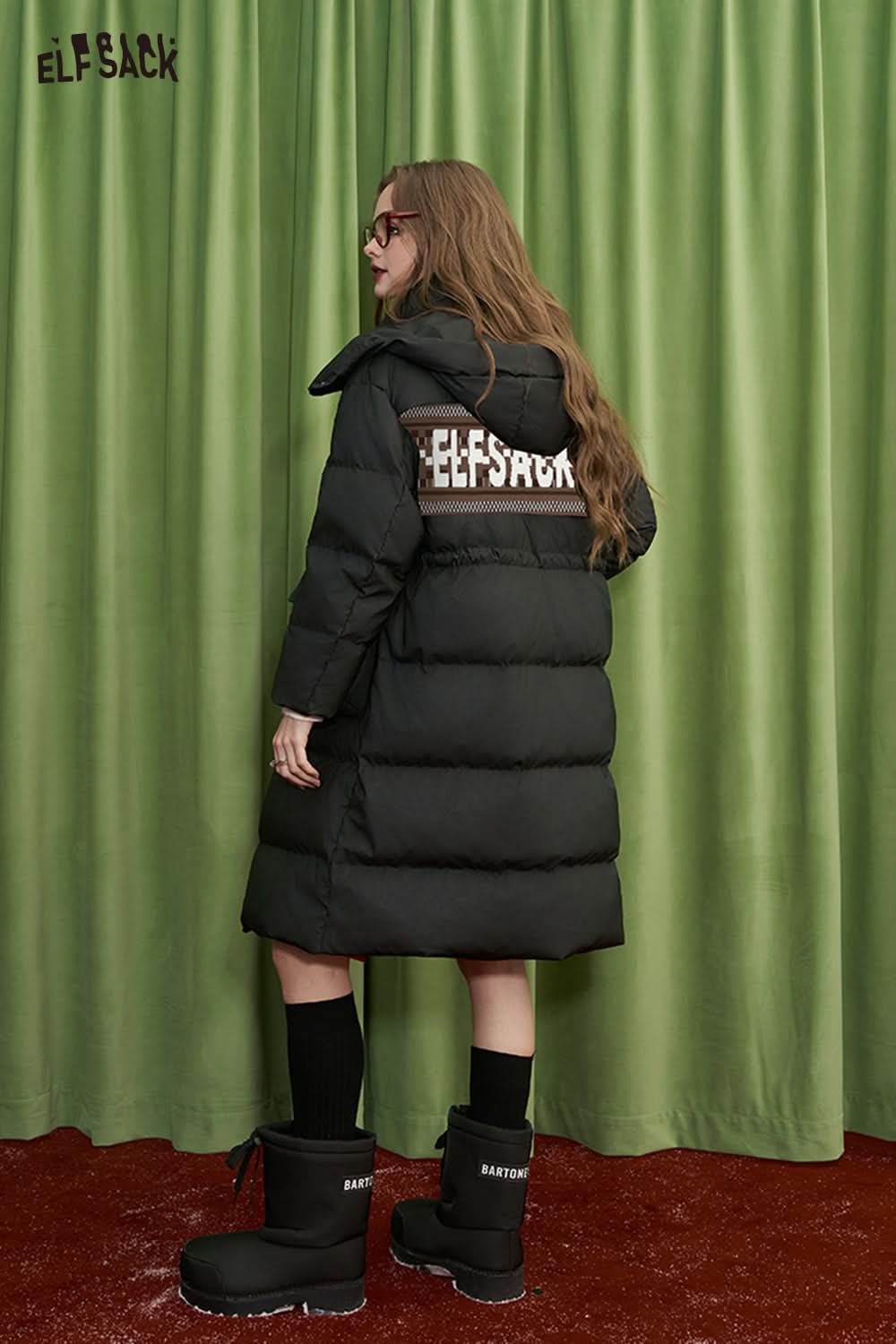 ELFSACK Maillard duck down PU leather long hooded down jacket