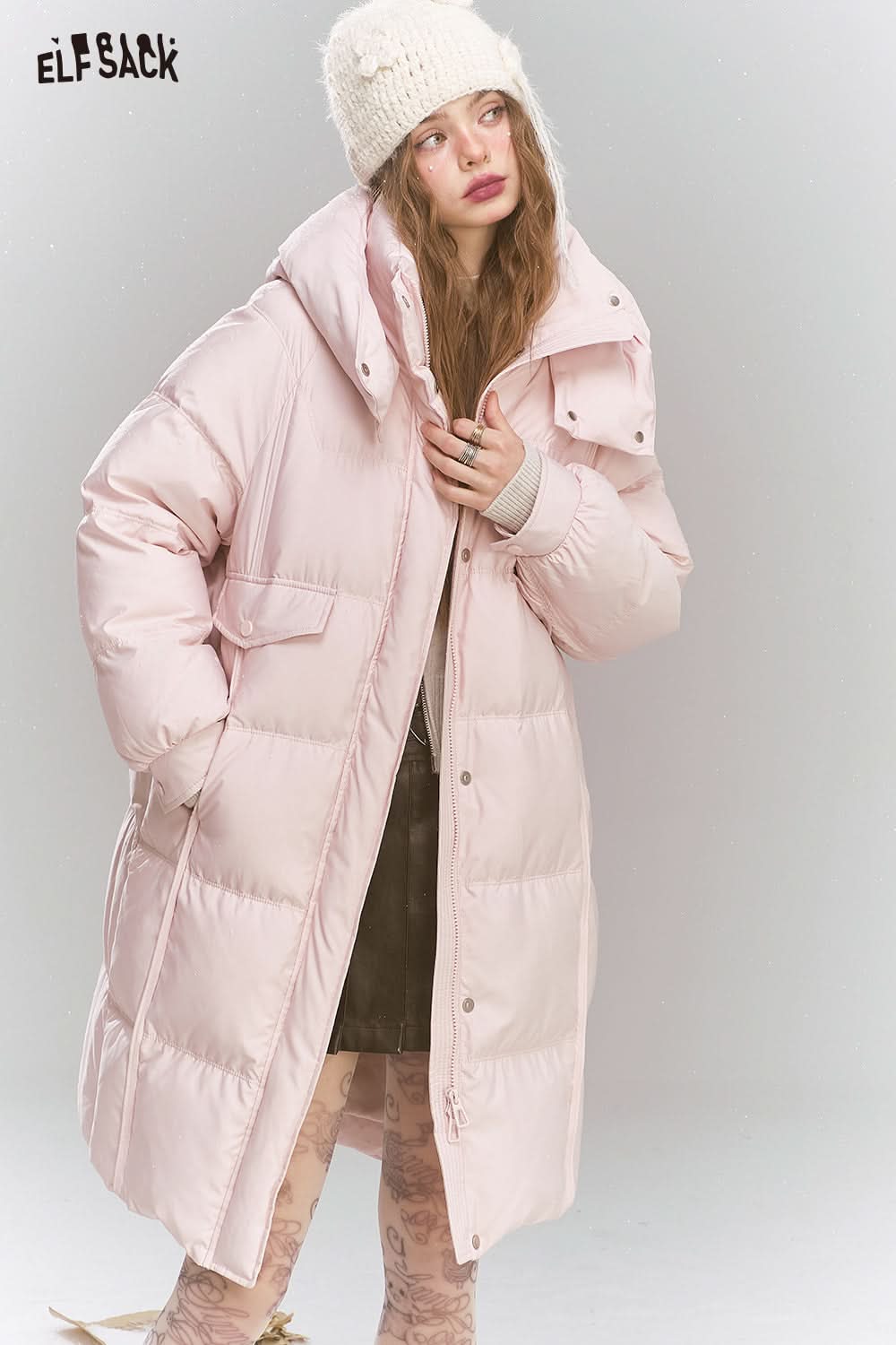 ELFSACK Sweet Preppy style hooded down jacket long warm thick coat