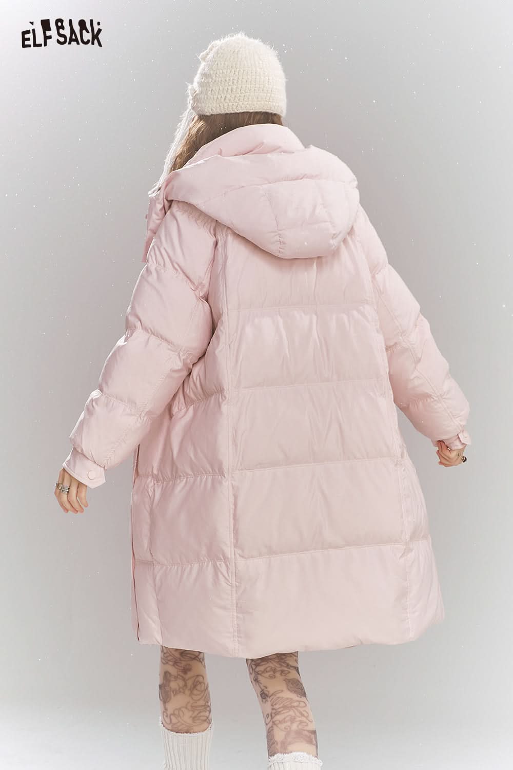 ELFSACK Sweet Preppy style hooded down jacket long warm thick coat