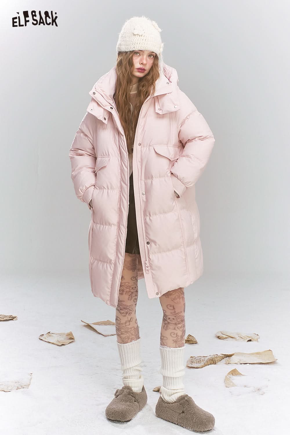 ELFSACK Sweet Preppy style hooded down jacket long warm thick coat