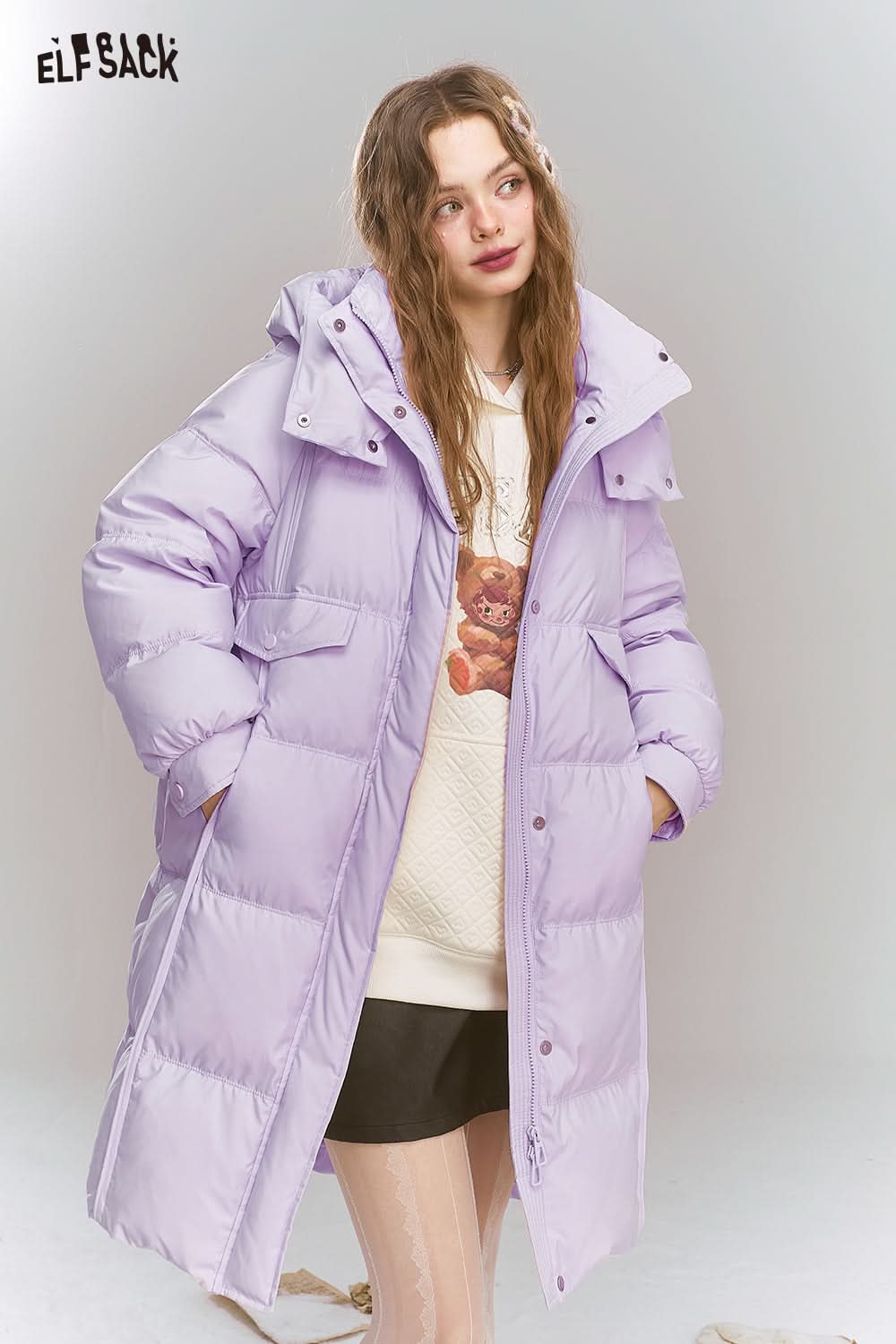 ELFSACK Sweet Preppy style hooded down jacket long warm thick coat