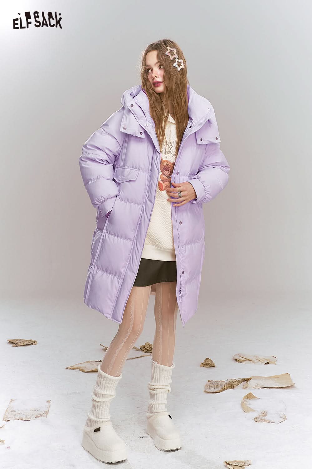 ELFSACK Sweet Preppy style hooded down jacket long warm thick coat