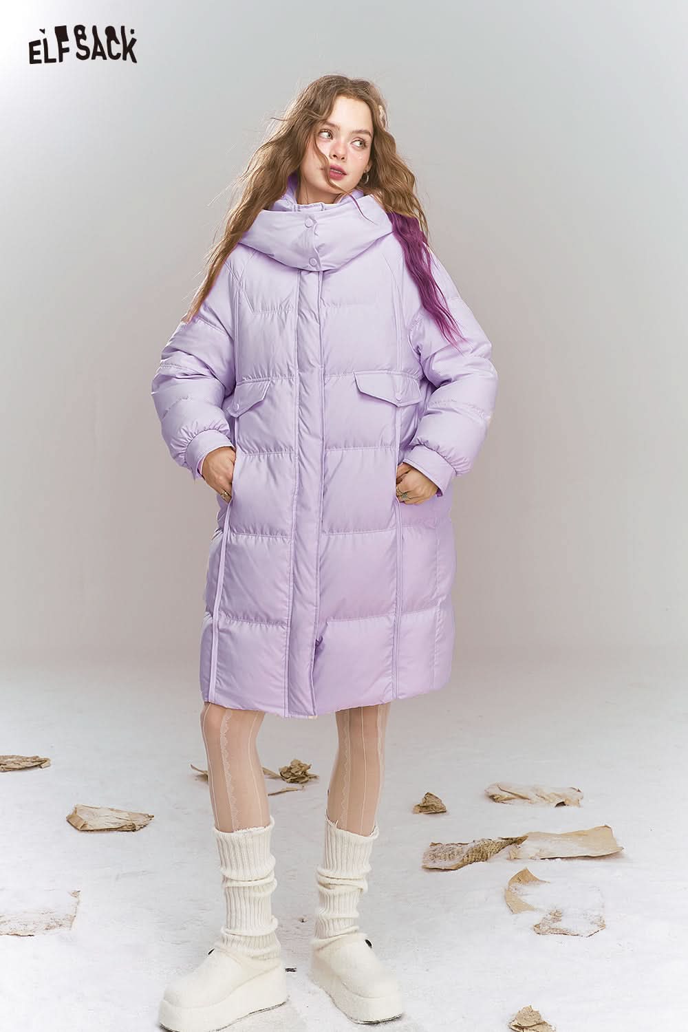 ELFSACK Sweet Preppy style hooded down jacket long warm thick coat