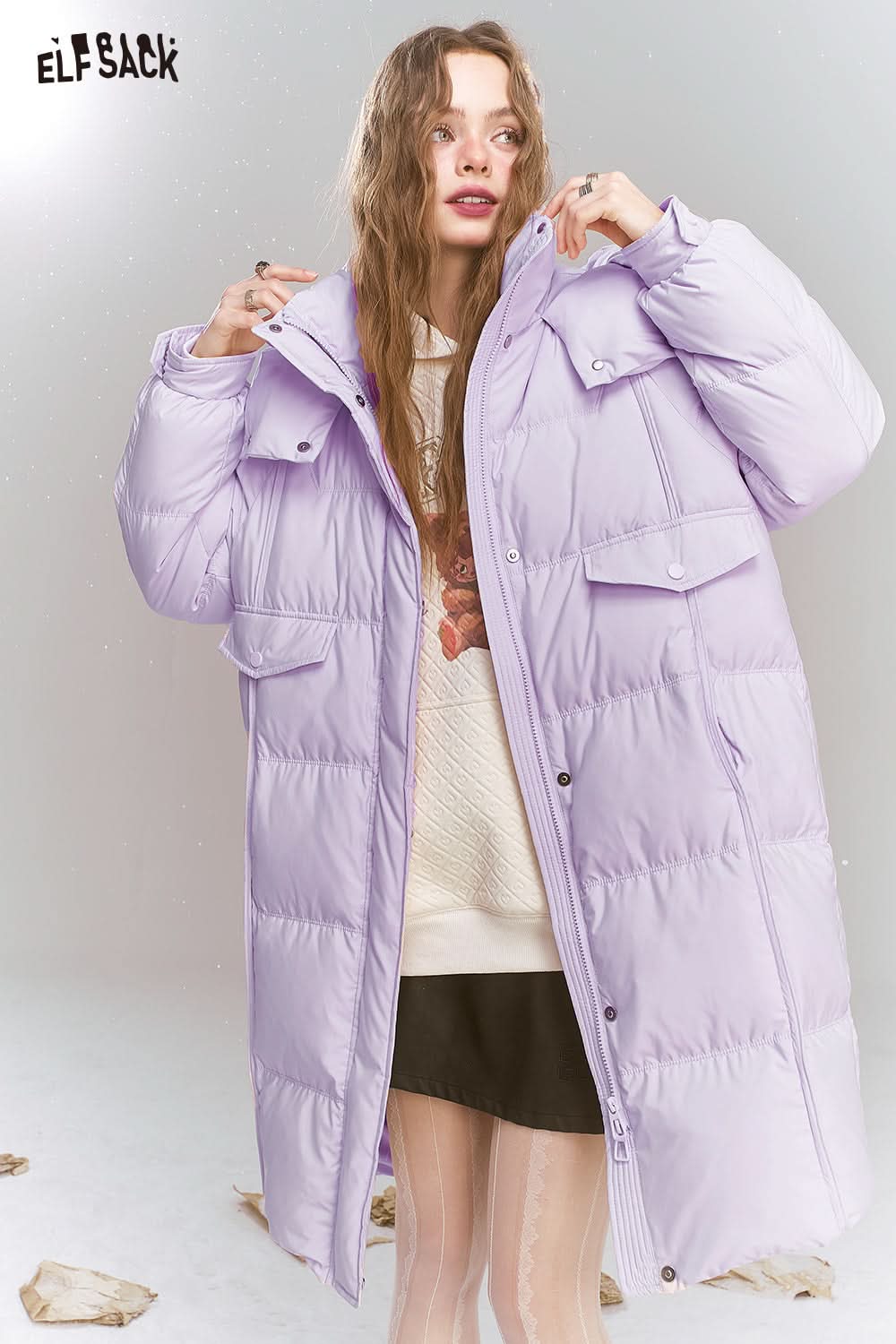 ELFSACK Sweet Preppy style hooded down jacket long warm thick coat