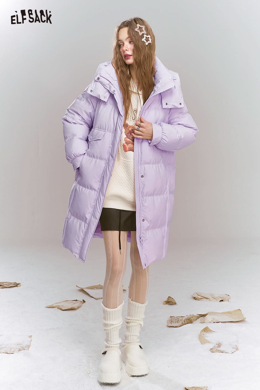 ELFSACK Sweet Preppy style hooded down jacket long warm thick coat