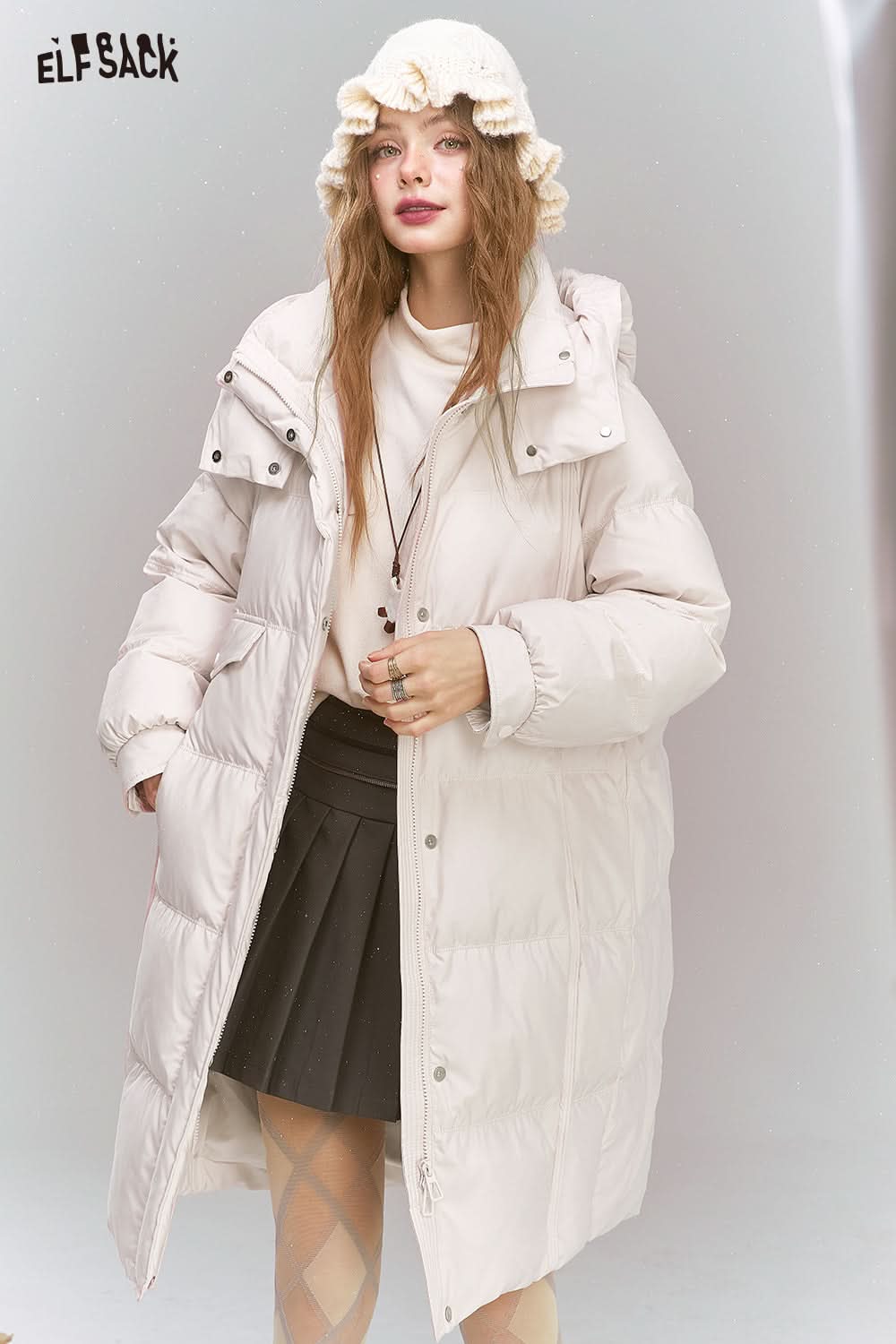 ELFSACK Sweet Preppy style hooded down jacket long warm thick coat