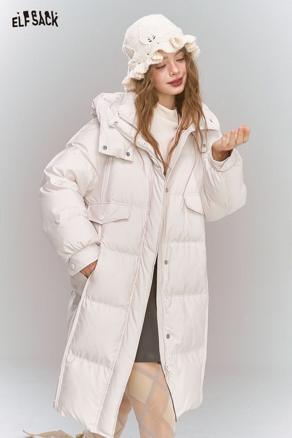 ELFSACK Sweet Preppy style hooded down jacket long warm thick coat
