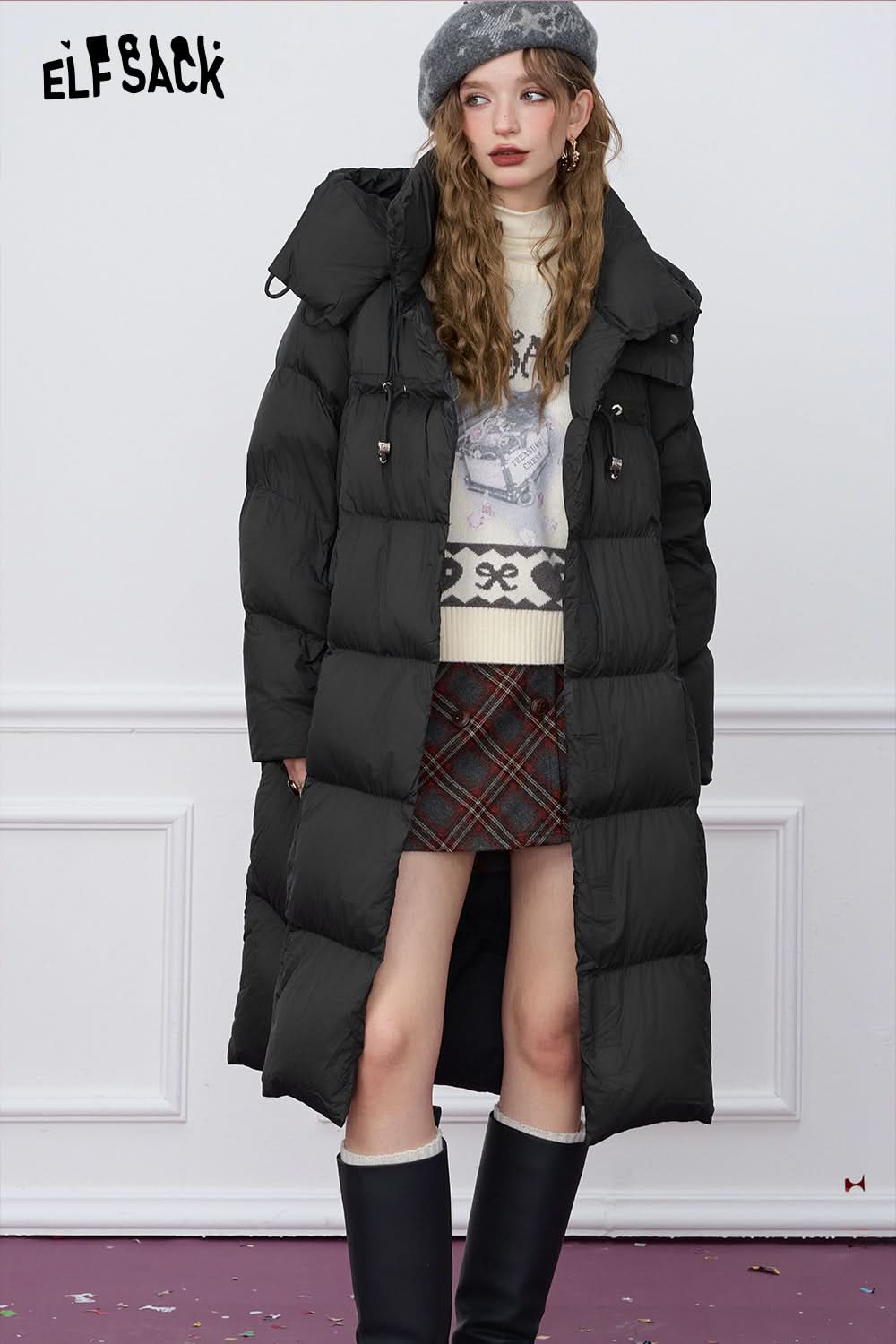 ELFSACK Retro loose woven plain weave medium hooded warm down jacket,