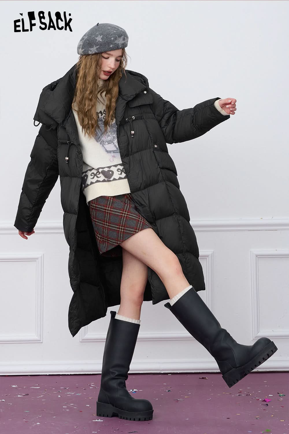 ELFSACK Retro loose woven plain weave medium hooded warm down jacket,