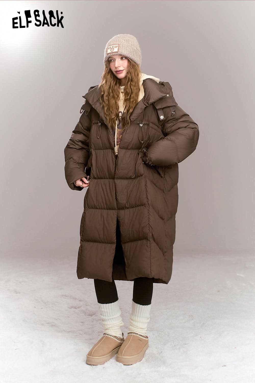 ELFSACK Retro loose woven plain weave medium hooded warm down jacket,