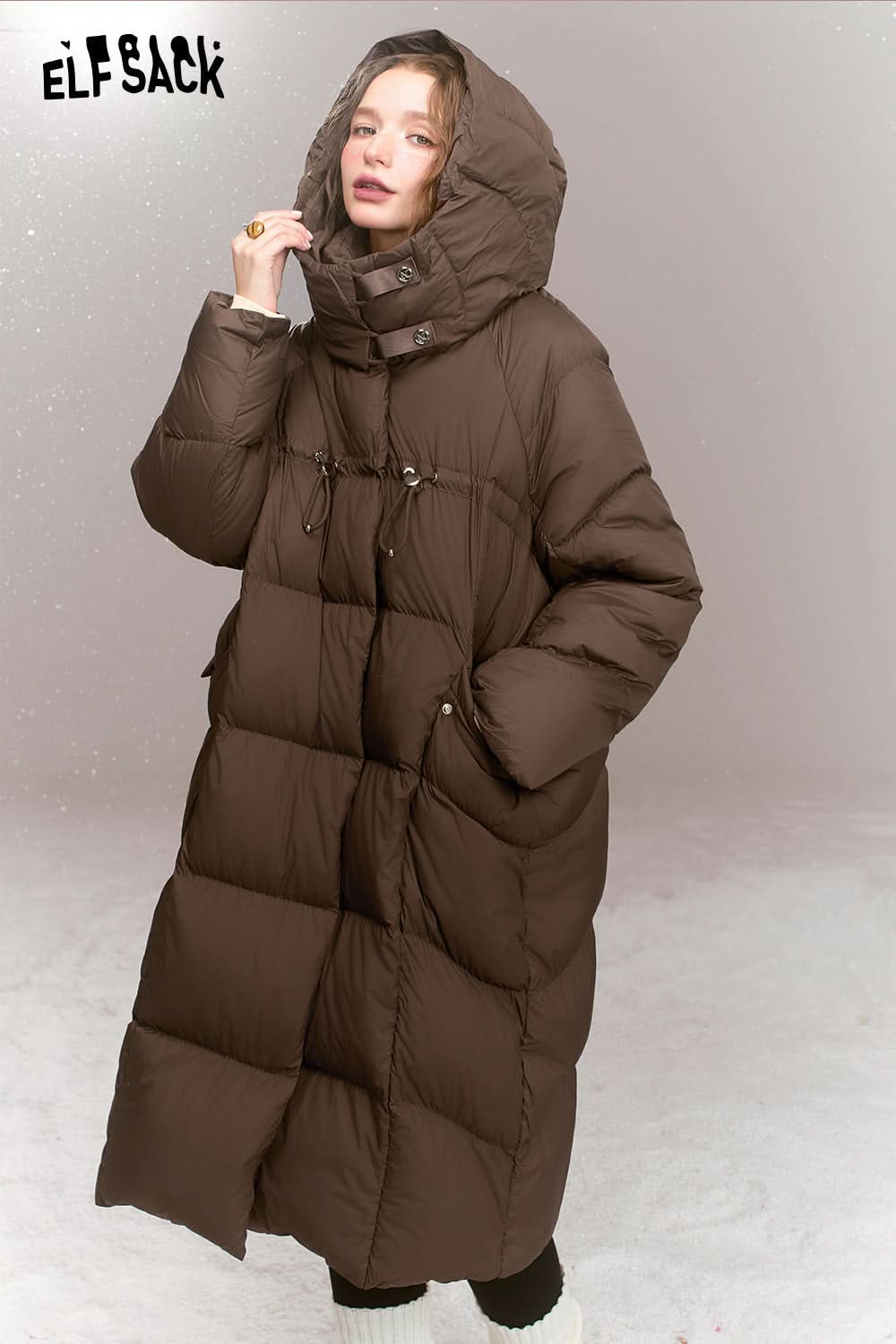 ELFSACK Retro loose woven plain weave medium hooded warm down jacket,