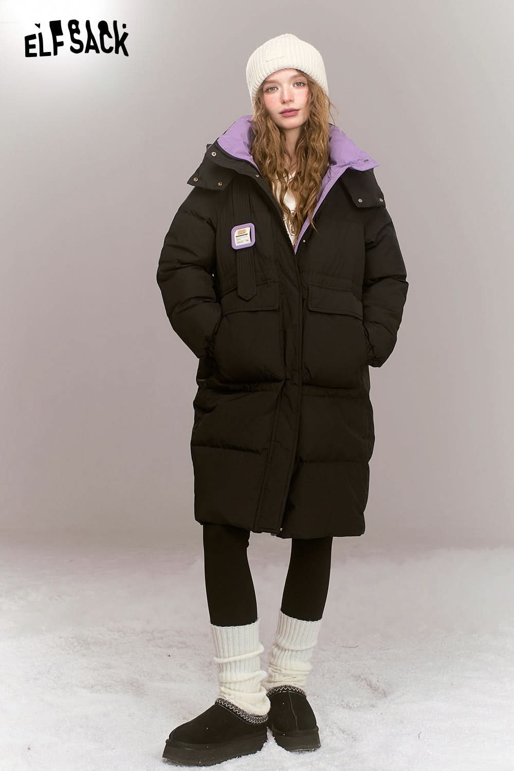 ELFSACK Fashionable loose contrast color mid-length hooded warm down jacket