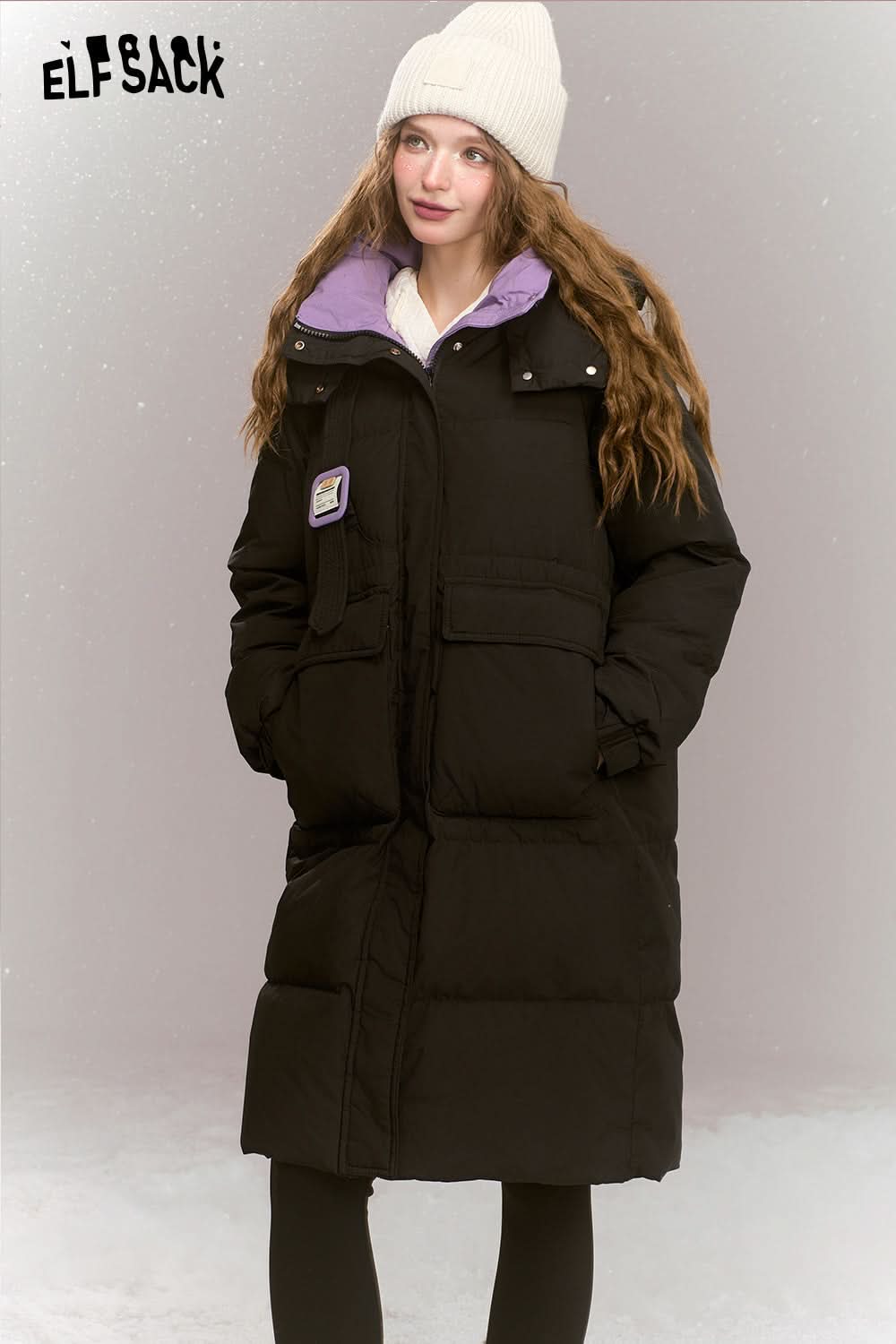 ELFSACK Fashionable loose contrast color mid-length hooded warm down jacket