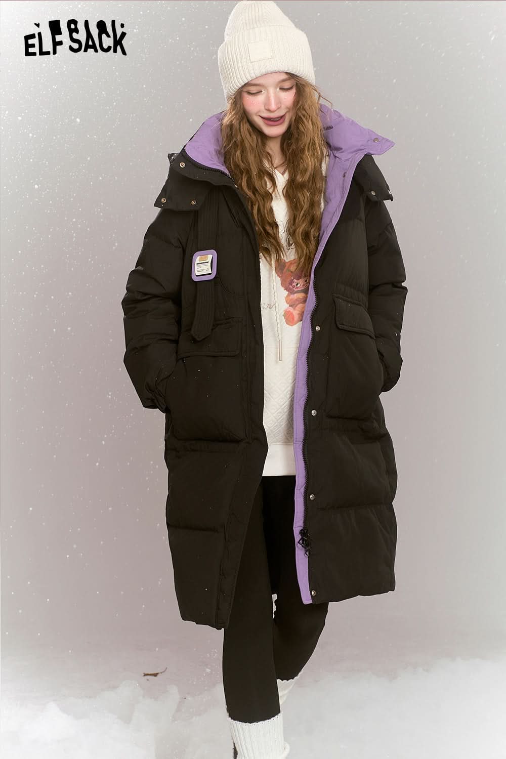 ELFSACK Fashionable loose contrast color mid-length hooded warm down jacket