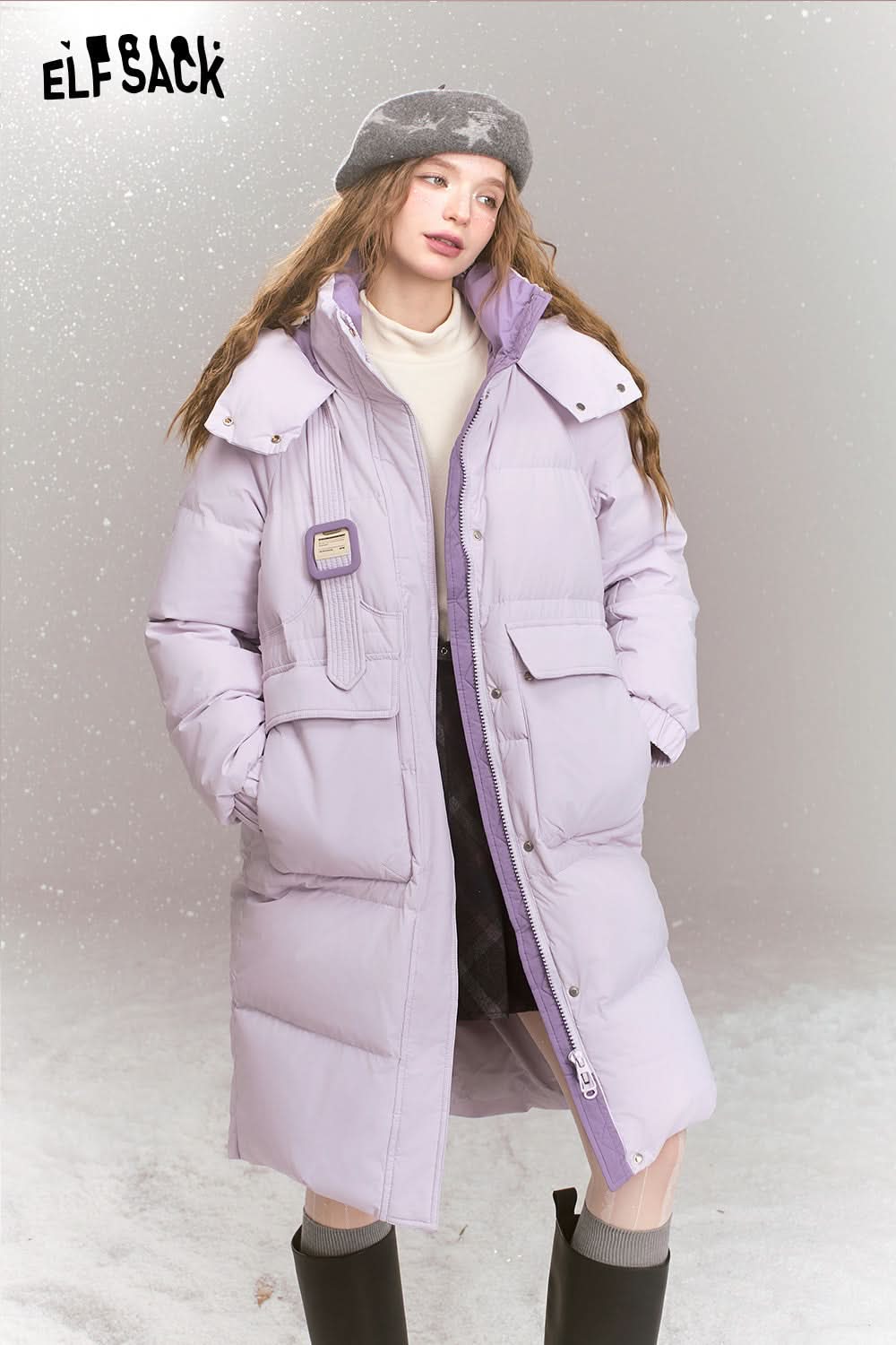 ELFSACK Fashionable loose contrast color mid-length hooded warm down jacket