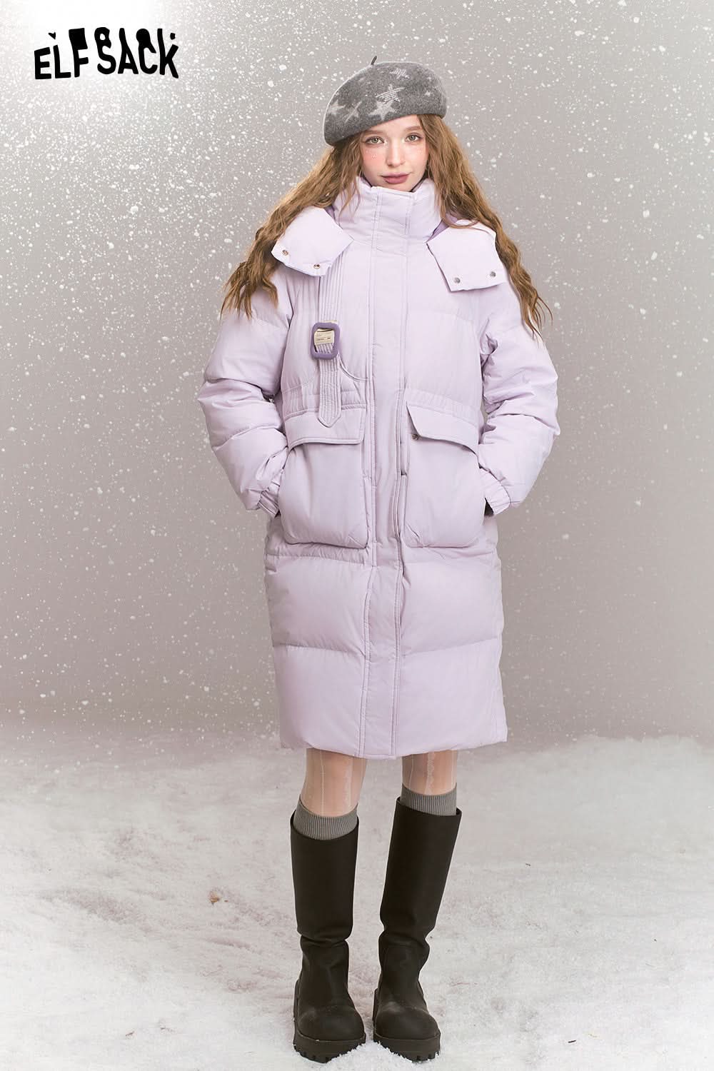 ELFSACK Fashionable loose contrast color mid-length hooded warm down jacket